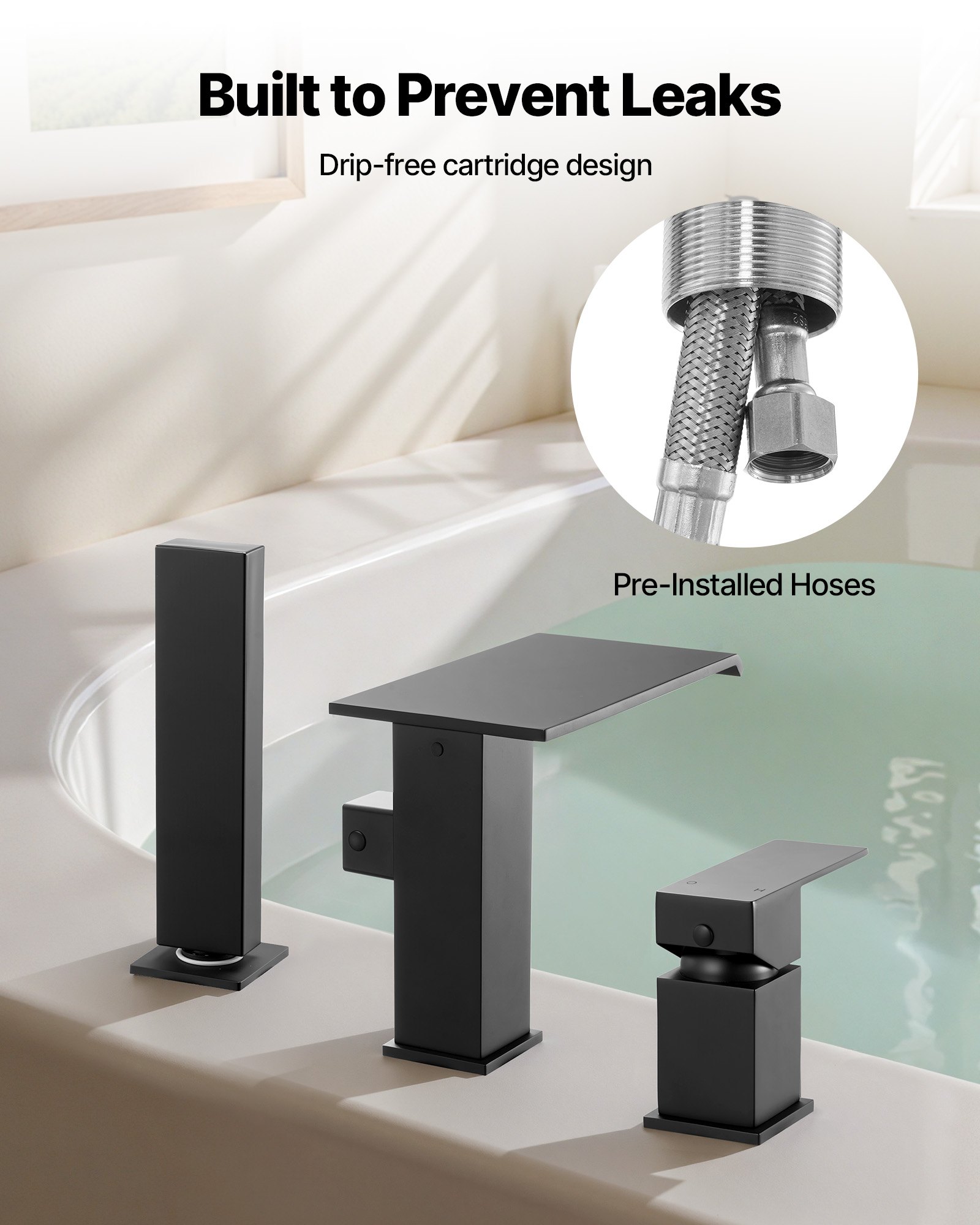 VEVOR Grifo de Bañera Romano de 3 Orificios, con Ducha de Mano y 1 Manija, Grifo de Bañera Negro Mate con Dos Opciones de Caudal, para Montaje en Techo, 220 x 190 x 98 mm, 16,7 L por Minuto