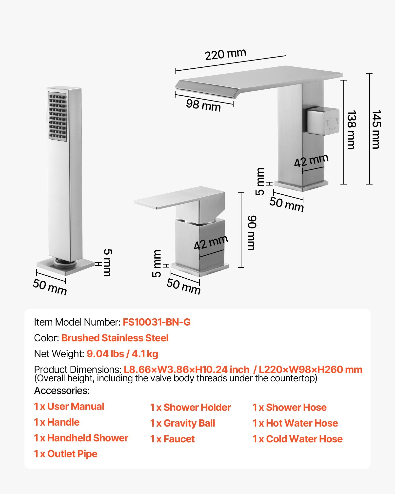 VEVOR Grifo para Bañera Romana de 3 Orificios, con Ducha de Mano y 1 Manija, de Acero Inoxidable Cepillado, de Alto Caudal y con 2 Opciones de Caudal, para Montaje en Techo, 220 x 190 x 98 mm