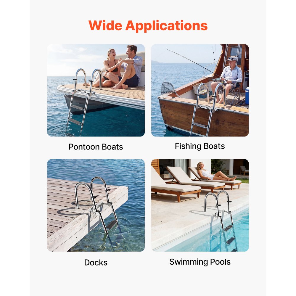 VEVOR Escalera para Barco Telescópica de Acero Inoxidable de 4 Peldaños, Soporta 272 kg, Escalera Plegable de Embarque con Peldaños Antideslizantes y Pasamanos para Pontón, Plataforma, Muelle, Piscina