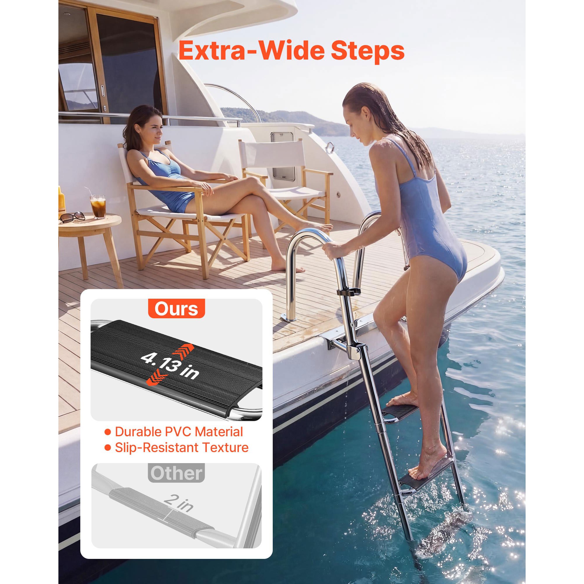 VEVOR Escalera para Barco Telescópica de Acero Inoxidable de 4 Peldaños, Soporta 272 kg, Escalera Plegable de Embarque con Peldaños Antideslizantes y Pasamanos para Pontón, Plataforma, Muelle, Piscina