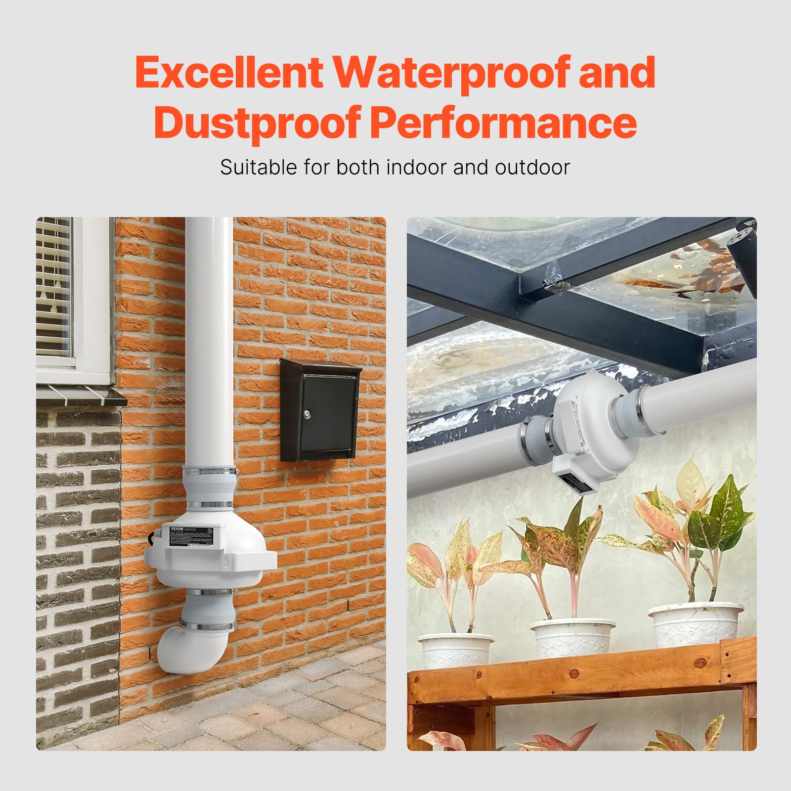VEVOR Sistema de Ventilación para Mitigación de Radón Silencioso, Kit de Mitigación Radón 260 CFM con 2 Acopladores, Resistente al Agua, Ventilador de Conducto en Línea Eléctrico, 305 x 320 x 235 mm