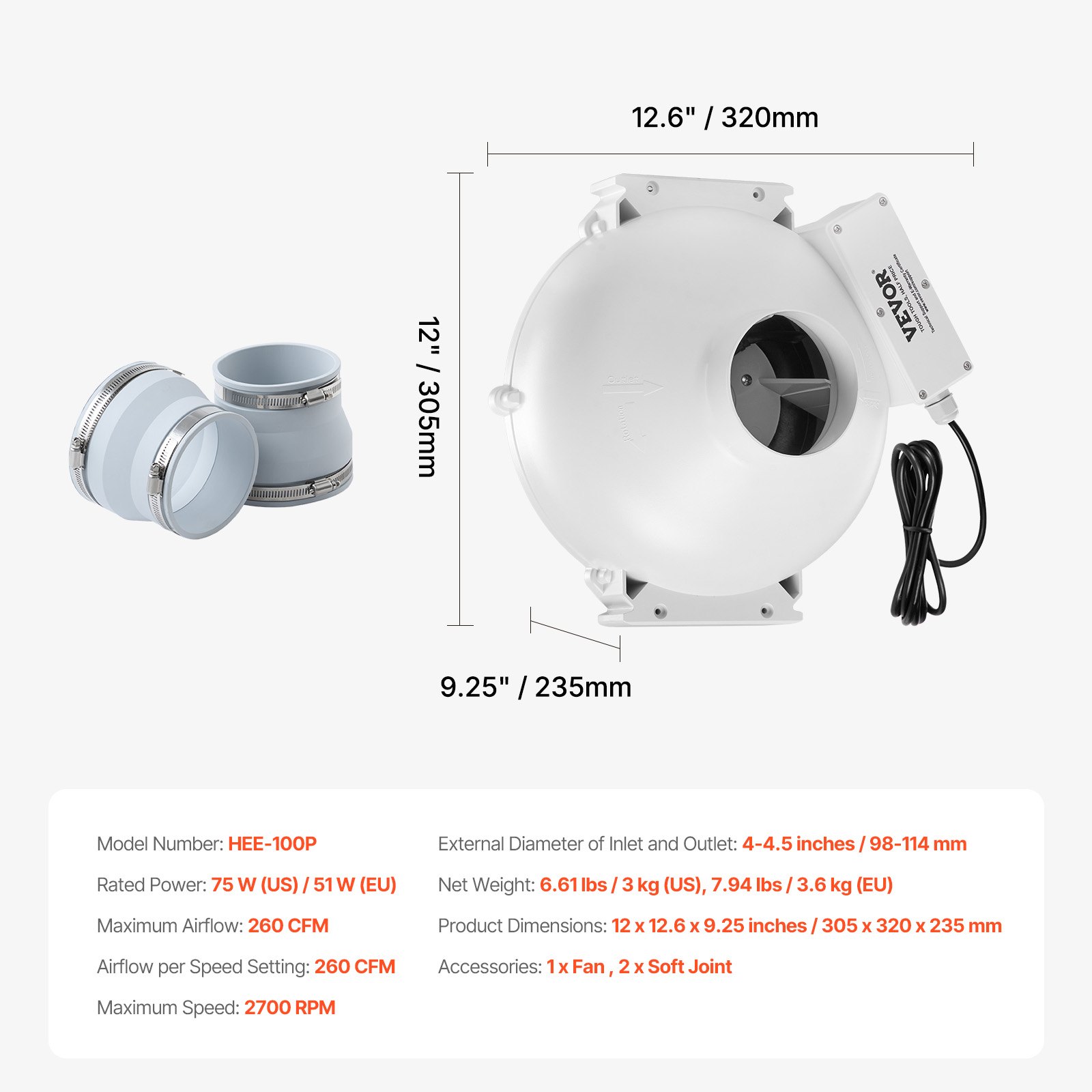 VEVOR Sistema de Ventilación para Mitigación de Radón Silencioso, Kit de Mitigación Radón 260 CFM con 2 Acopladores, Resistente al Agua, Ventilador de Conducto en Línea Eléctrico, 305 x 320 x 235 mm