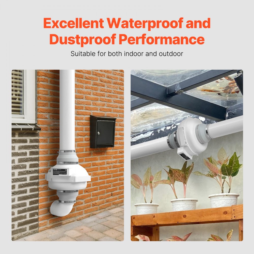 VEVOR Sistema de Ventilación para Mitigación Radón Silencioso, Kit de Mitigación de Radón 380 CFM con 2 Acopladores, Ventilador de Extracción para Ventilación Interior y Exterior, 355 x 335 x 235 mm