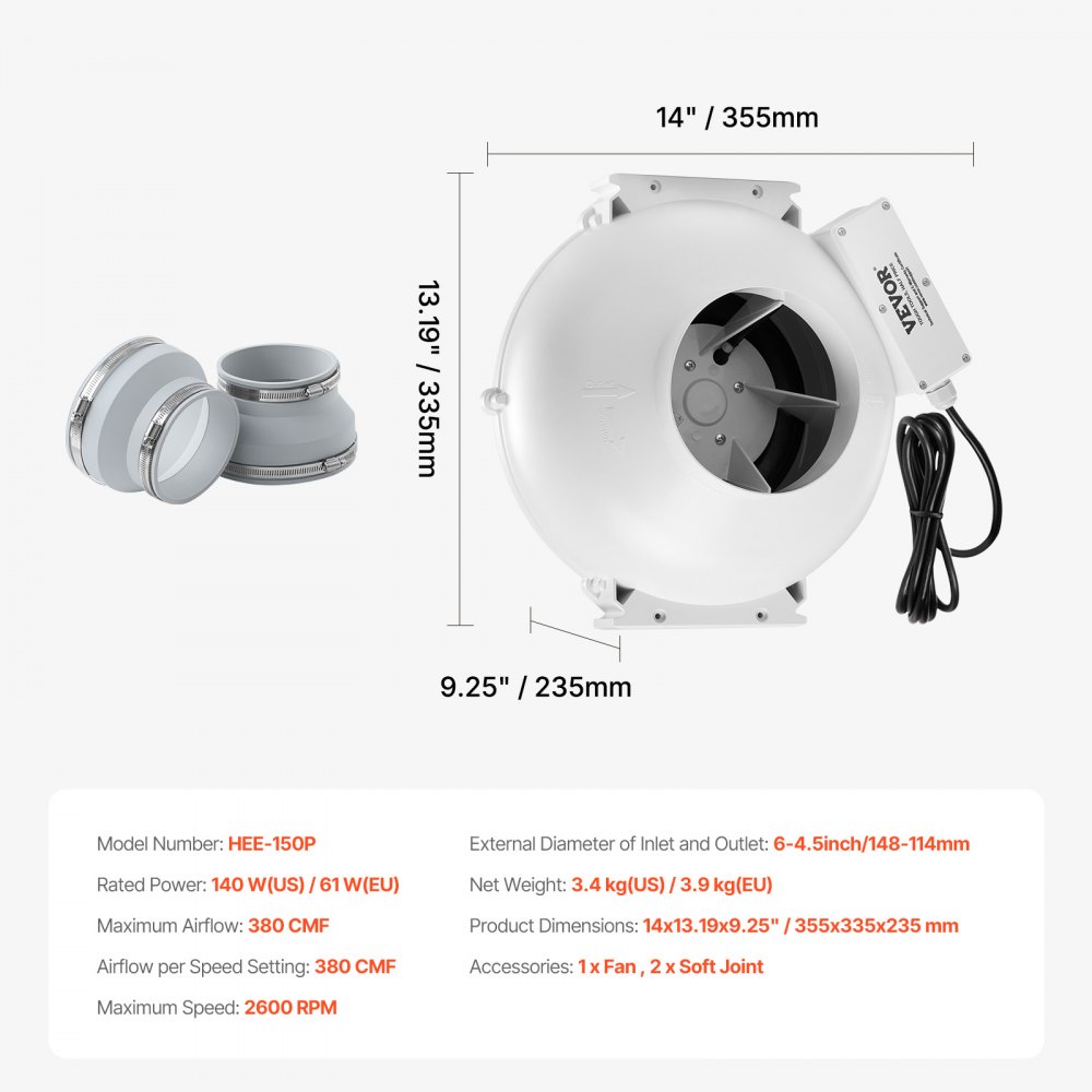 VEVOR Sistema de Ventilación para Mitigación Radón Silencioso, Kit de Mitigación de Radón 380 CFM con 2 Acopladores, Ventilador de Extracción para Ventilación Interior y Exterior, 355 x 335 x 235 mm