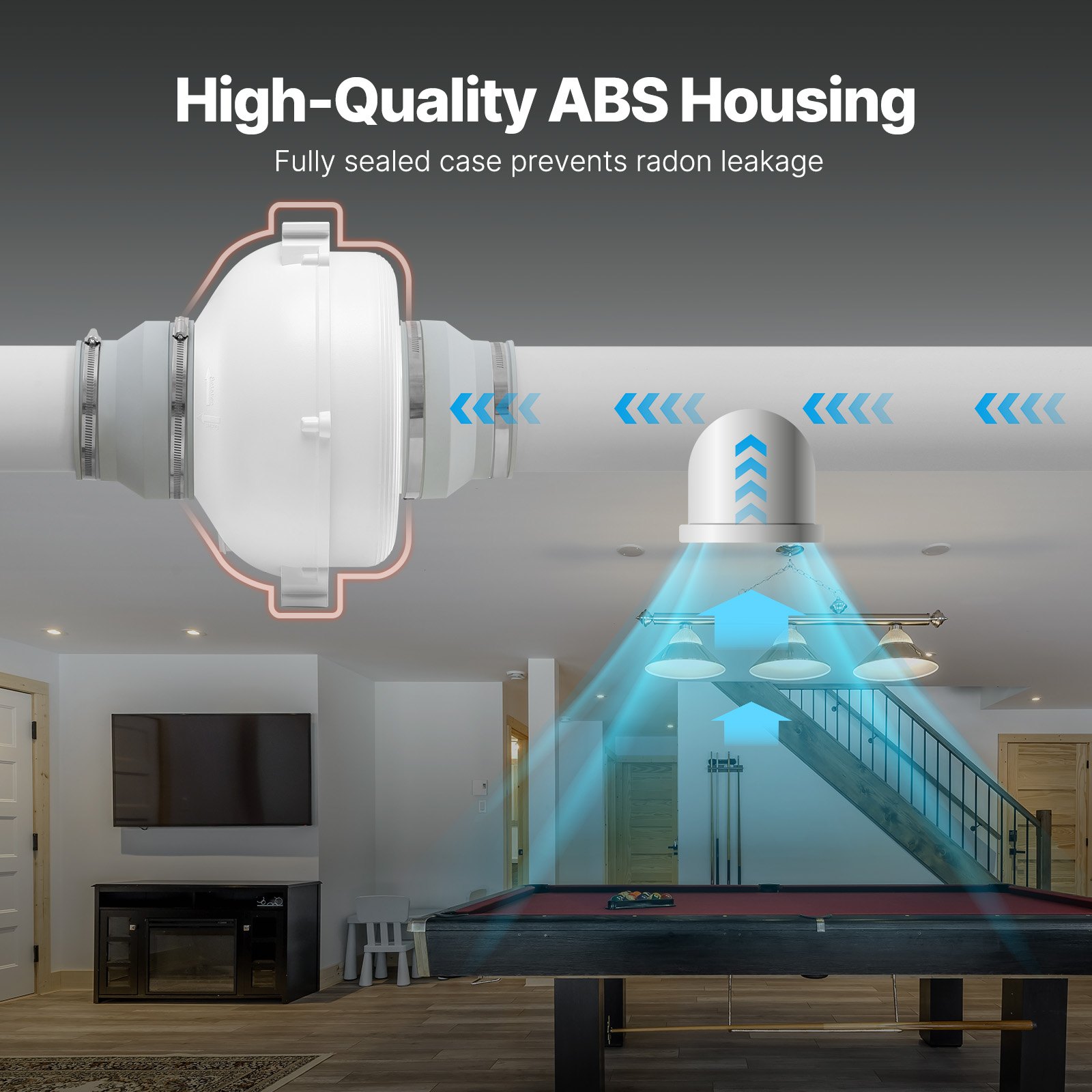 VEVOR Sistema de Ventilación para Mitigación Radón Silencioso, Kit de Mitigación de Radón 380 CFM con 2 Acopladores, Ventilador de Extracción para Ventilación Interior y Exterior, 355 x 335 x 235 mm