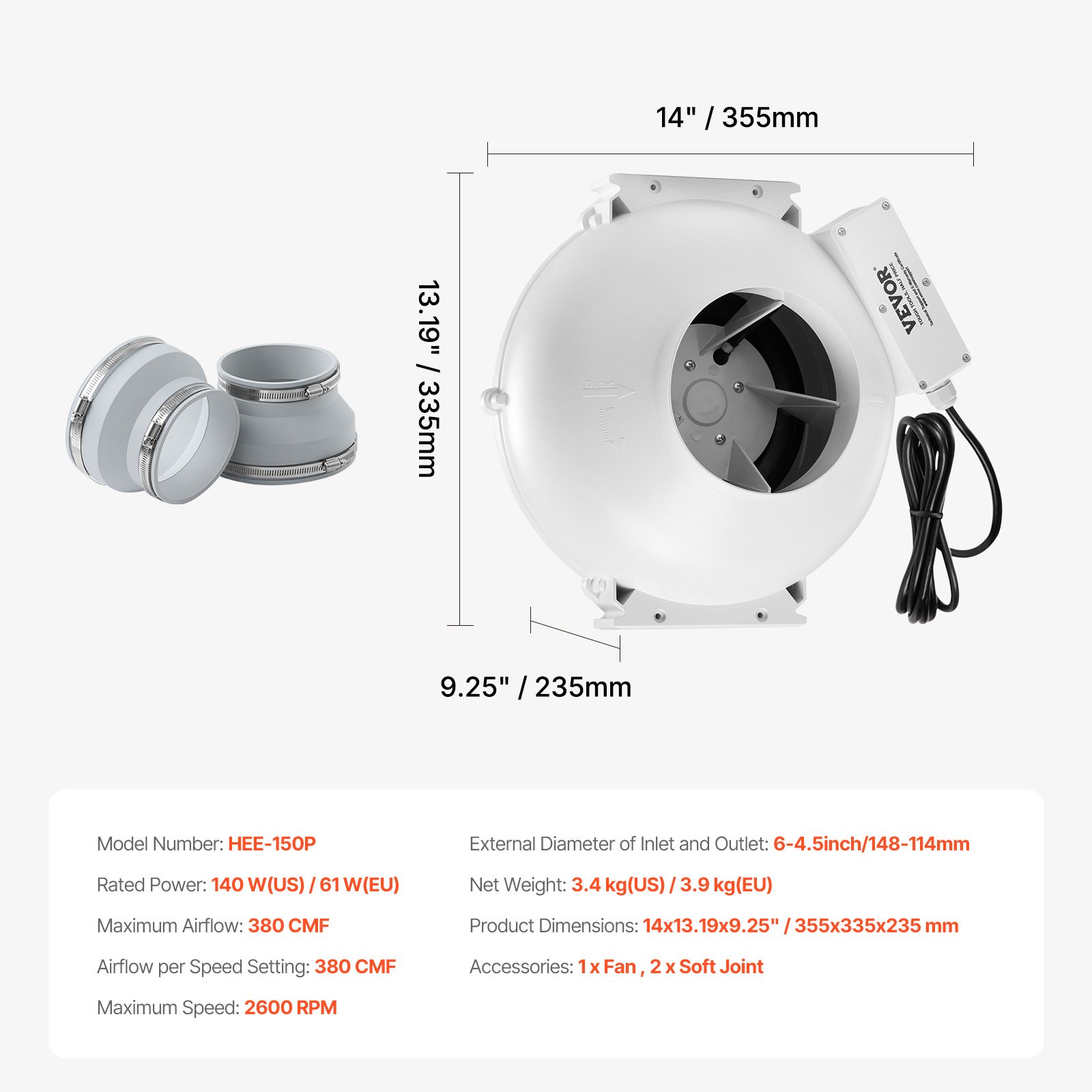 VEVOR Sistema de Ventilación para Mitigación Radón Silencioso, Kit de Mitigación de Radón 380 CFM con 2 Acopladores, Ventilador de Extracción para Ventilación Interior y Exterior, 355 x 335 x 235 mm