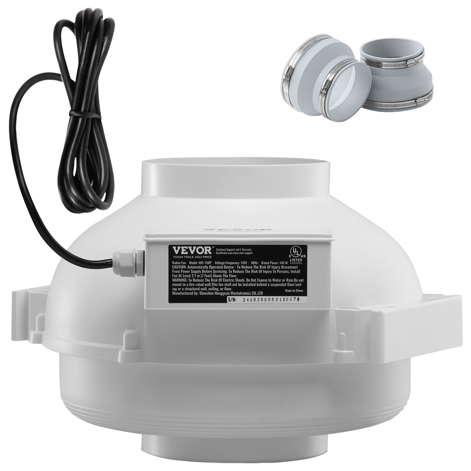 VEVOR Sistema de Ventilación para Mitigación Radón Silencioso, Kit de Mitigación de Radón 380 CFM con 2 Acopladores, Ventilador de Extracción para Ventilación Interior y Exterior, 355 x 335 x 235 mm