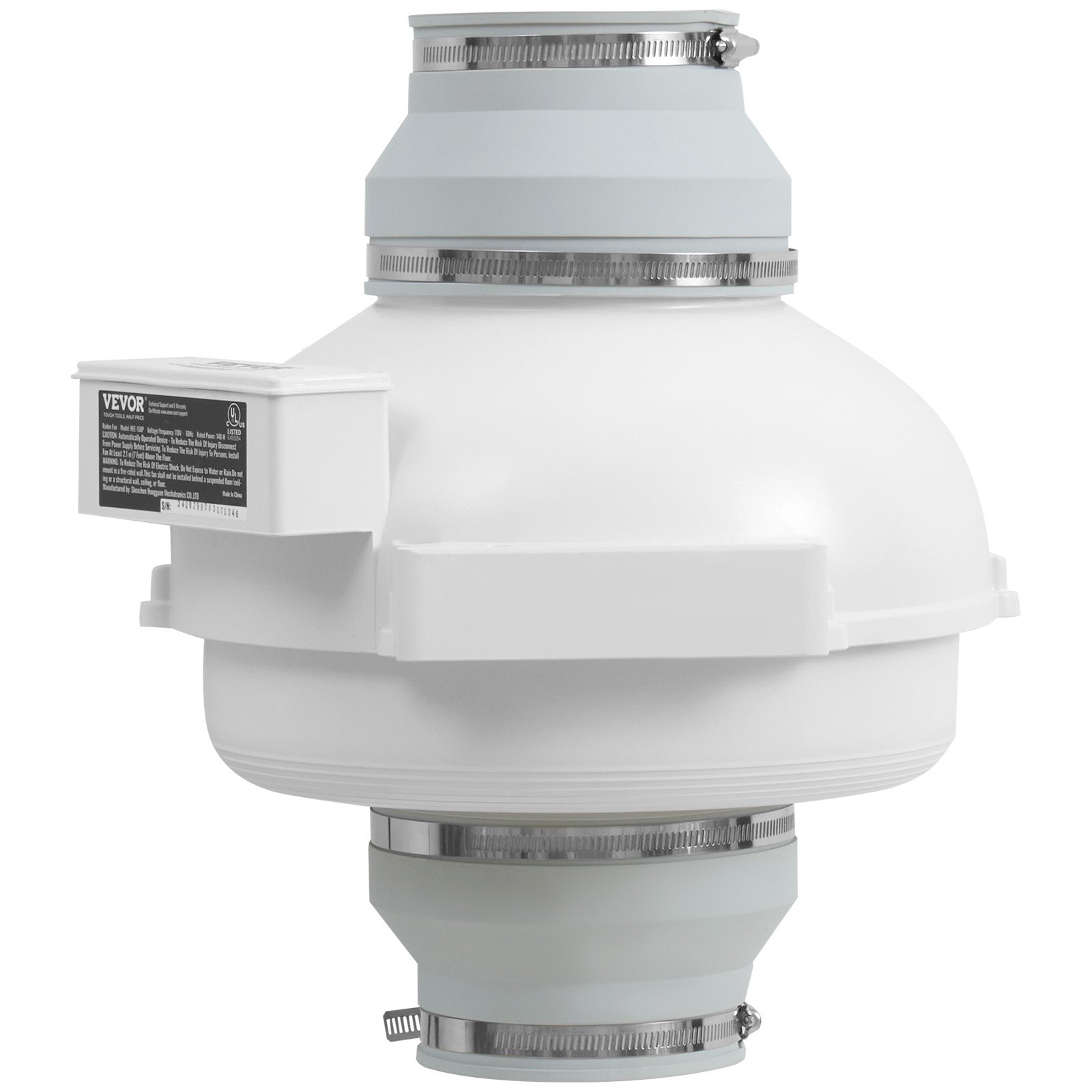 VEVOR Sistema de Ventilación para Mitigación Radón Silencioso, Kit de Mitigación de Radón 380 CFM con 2 Acopladores, Ventilador de Extracción para Ventilación Interior y Exterior, 355 x 335 x 235 mm