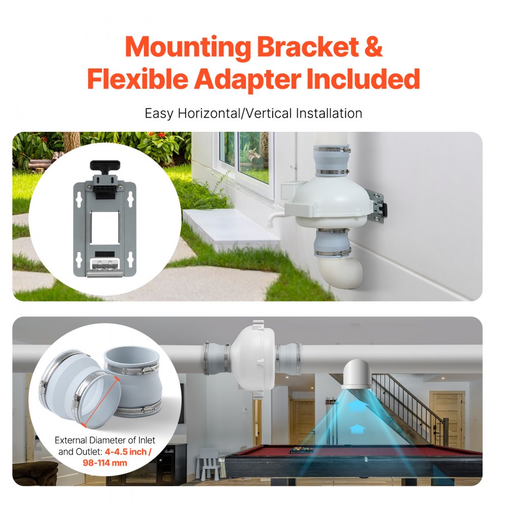 VEVOR Kit de Instalación de Ventilador de Radón Mitigación Silencioso 260 CFM con 2 Acopladores, Indicador de Presión, Ventilador de Extracción para Ventilación Interior y Exterior, 305 x 320 x 235 mm