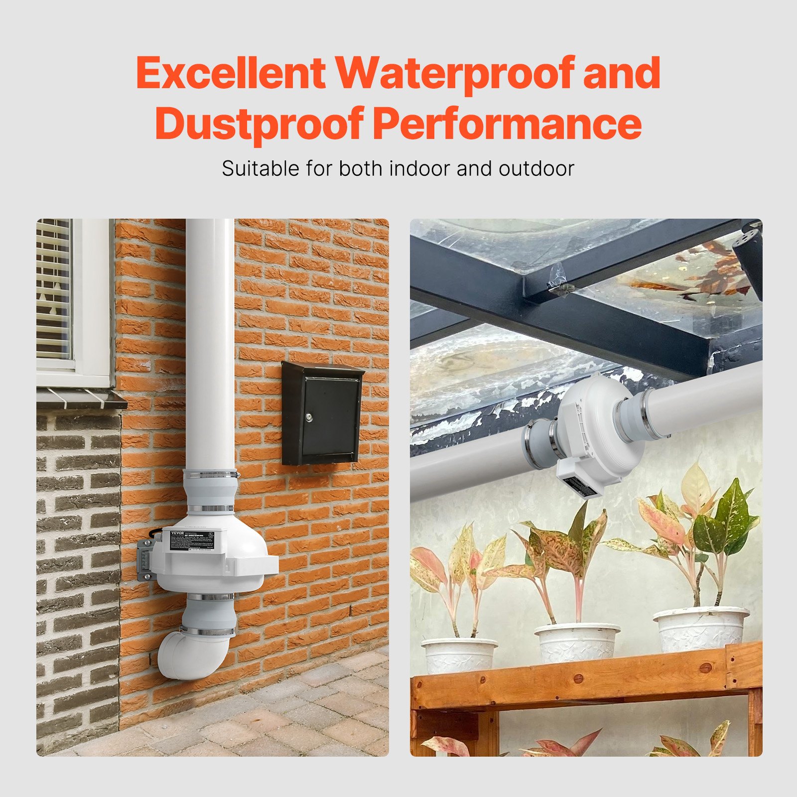 VEVOR Kit de Instalación de Ventilador de Radón Mitigación Silencioso 260 CFM con 2 Acopladores, Indicador de Presión, Ventilador de Extracción para Ventilación Interior y Exterior, 305 x 320 x 235 mm