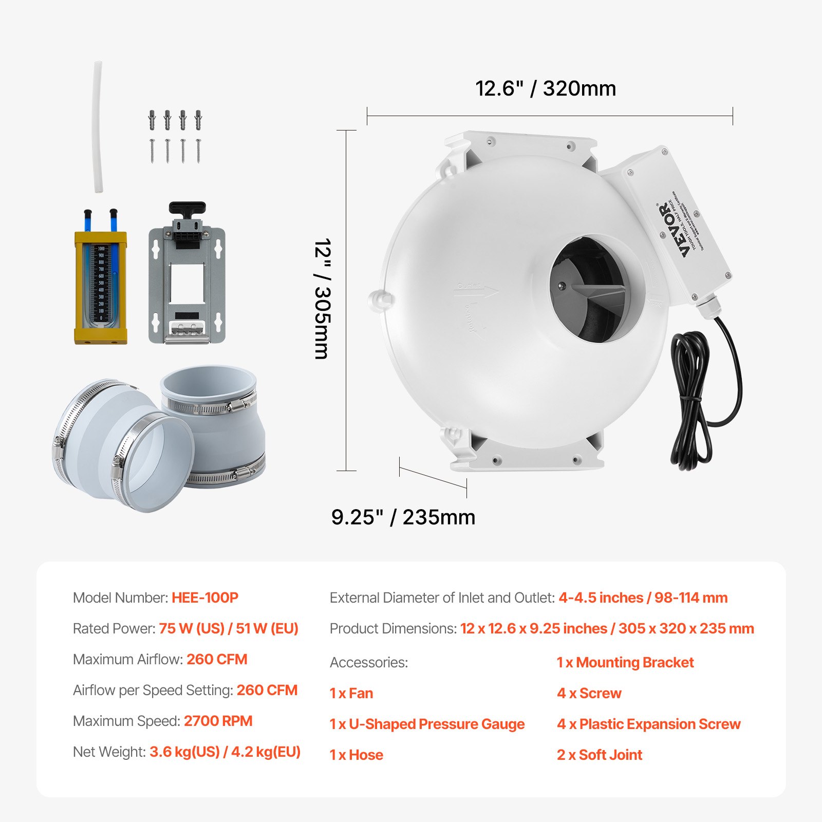 VEVOR Kit de Instalación de Ventilador de Radón Mitigación Silencioso 260 CFM con 2 Acopladores, Indicador de Presión, Ventilador de Extracción para Ventilación Interior y Exterior, 305 x 320 x 235 mm