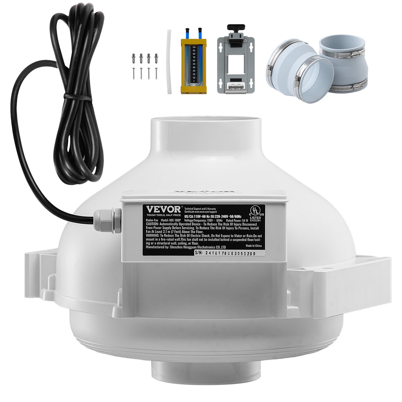 VEVOR Kit de Instalación de Ventilador de Radón Mitigación Silencioso 260 CFM con 2 Acopladores, Indicador de Presión, Ventilador de Extracción para Ventilación Interior y Exterior, 305 x 320 x 235 mm