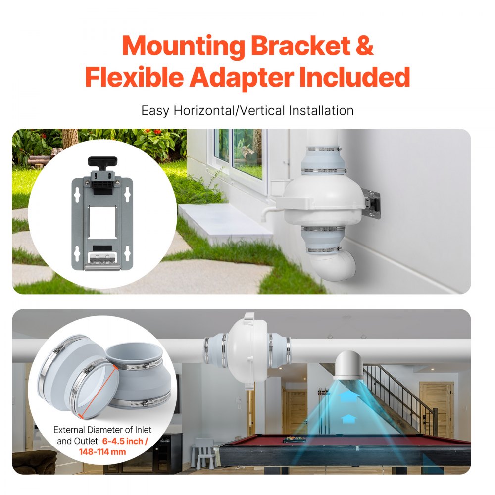 VEVOR Kit de Instalación de Ventilador de Mitigación de Radón Silencioso de 380 CFM con 2 Acopladores, Indicador de Presión, Ventilador de Conducto en Línea Impermeable, 355 x 335 x 235 mm, Blanco