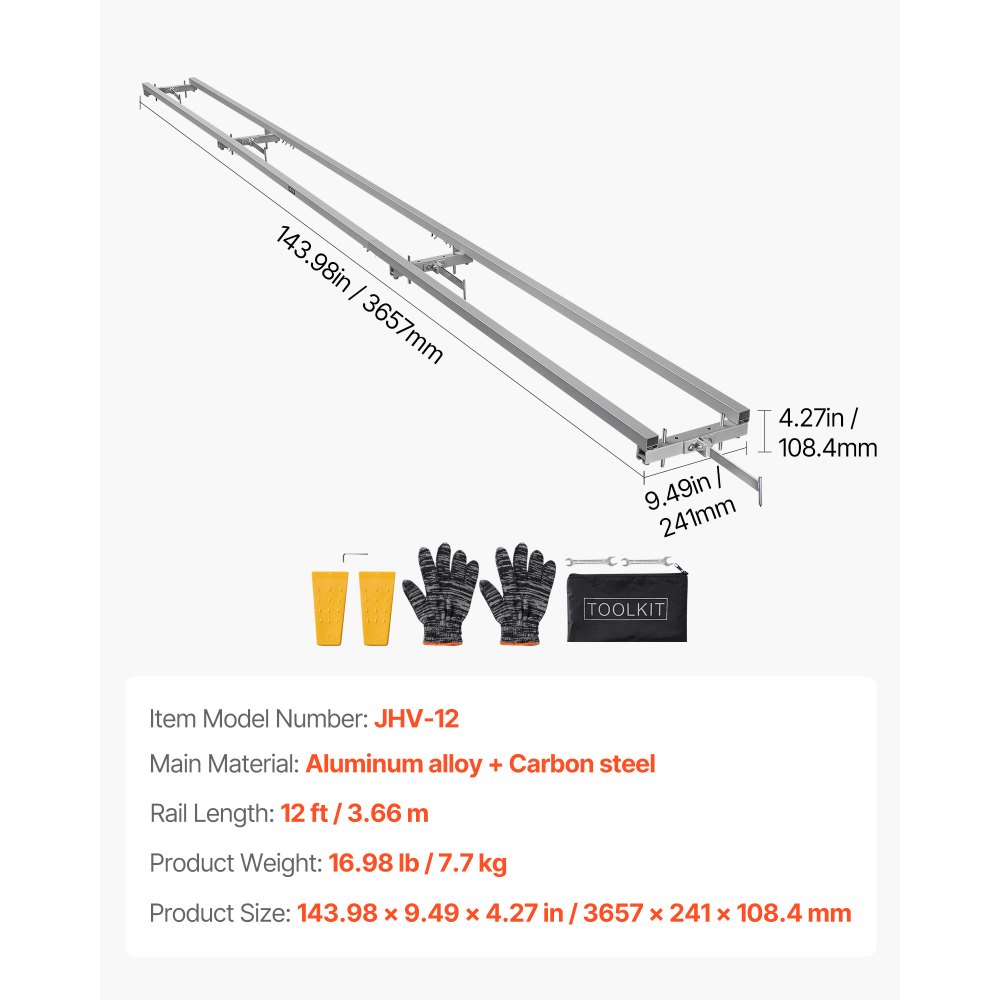 VEVOR Aserradero Móvil para Motosierra 3,66 m, Riel de Guía para Aserraderos Móviles con 4 Barras Transversales, 2 Cuñas, Kit de Guía de Fresado de Rieles Ajustable para Constructores, Carpinteros
