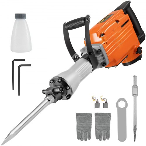 VEVOR Martillo Demoledor 2200 W Martillo Eléctrico Profesional, 50 J Martillo de Demolición, 2000 BPM con Cincel Plano, Cincel Puntiagudo y Accesorios Completos 2 Mangos para Hormigón y Mampostería