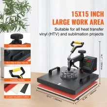 VEVOR Prensa de Calor 34,29-43,18 cm Máquina de Prensado en Calor Aluminio Hierro y Plástico Negro y Rojo Máquina de Prensado en Caliente para