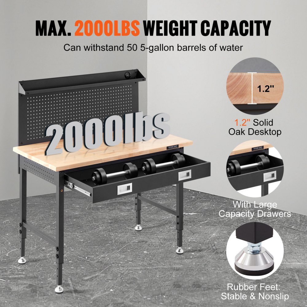 VEVOR Banco de Trabajo Altura Ajustable 71,1-100,3 cm Mesa de Trabajo de Garaje Taller de Madera Dura Carga de 907 kg Tablón de Roble y Acero al Carbono, Banco de Trabajo con Tomas de Corriente
