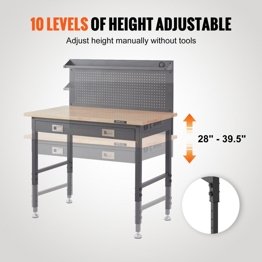 VEVOR Banco de Trabajo Altura Ajustable 71,1-100,3 cm Mesa de Trabajo de Garaje Taller de Madera Dura Carga de 907 kg Tablón de Roble y Acero al Carbono, Banco de Trabajo con Tomas de Corriente