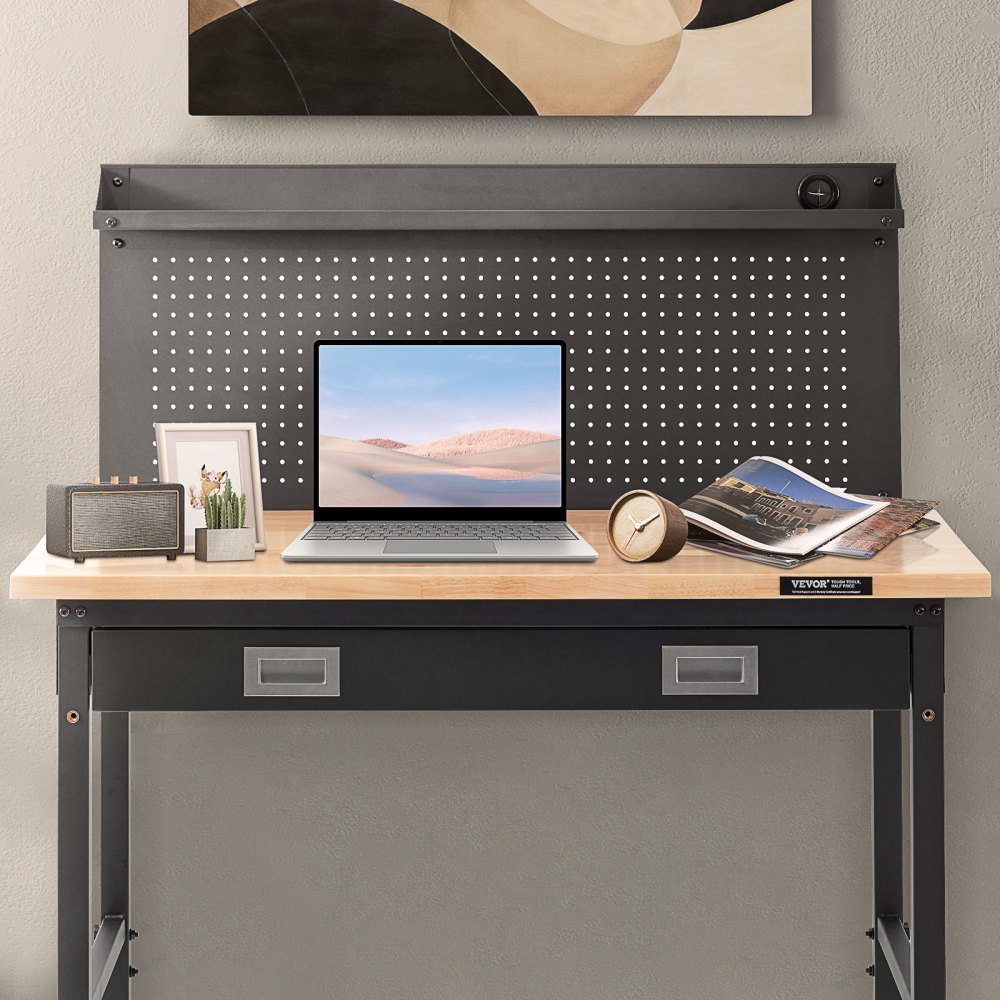 VEVOR Banco de Trabajo Altura Ajustable 71,1-100,3 cm Mesa de Trabajo de Garaje Taller de Madera Dura Carga de 907 kg Tablón de Roble y Acero al Carbono, Banco de Trabajo con Tomas de Corriente