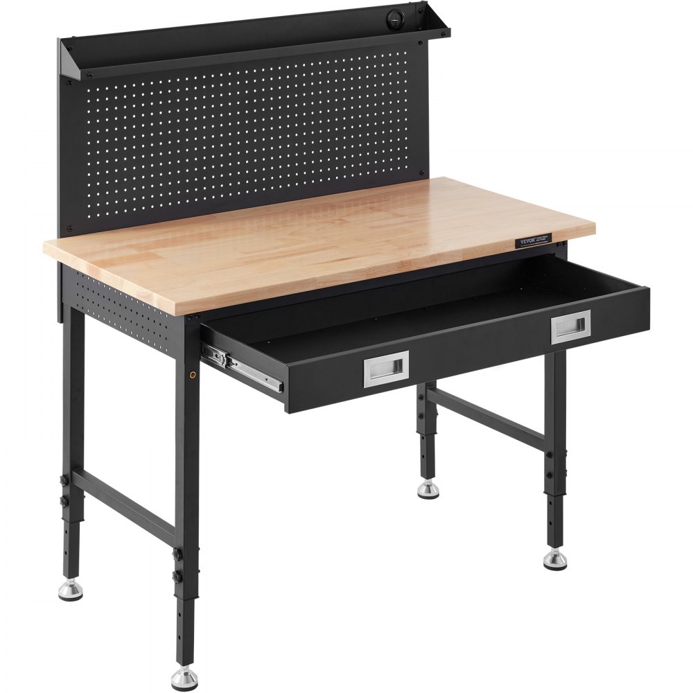 VEVOR Banco de Trabajo Altura Ajustable 71,1-100,3 cm Mesa de Trabajo de Garaje Taller de Madera Dura Carga de 907 kg Tablón de Roble y Acero al Carbono, Banco de Trabajo con Tomas de Corriente
