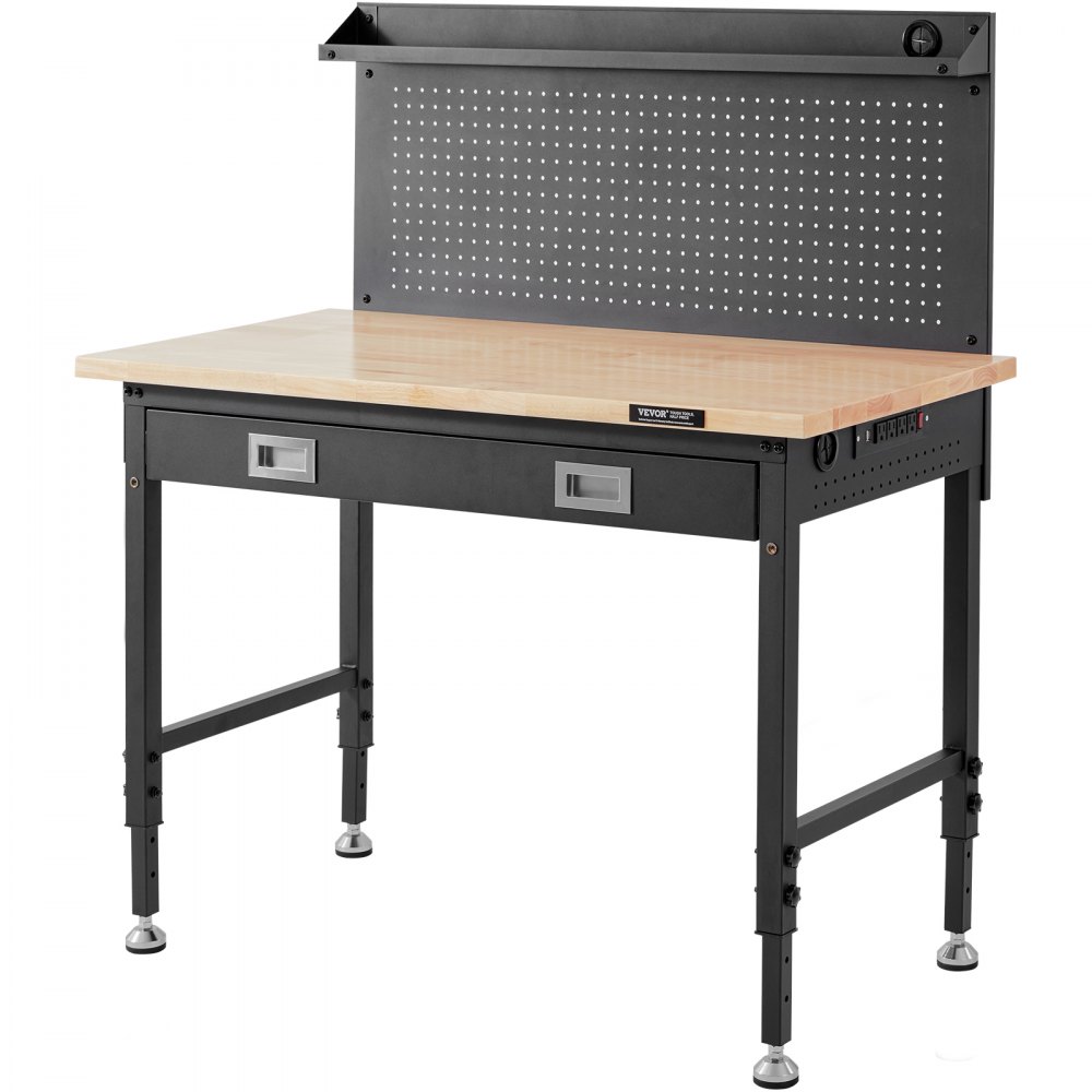 VEVOR Banco de Trabajo Altura Ajustable 71,1-100,3 cm Mesa de Trabajo de Garaje Taller de Madera Dura Carga de 907 kg Tablón de Roble y Acero al Carbono, Banco de Trabajo con Tomas de Corriente