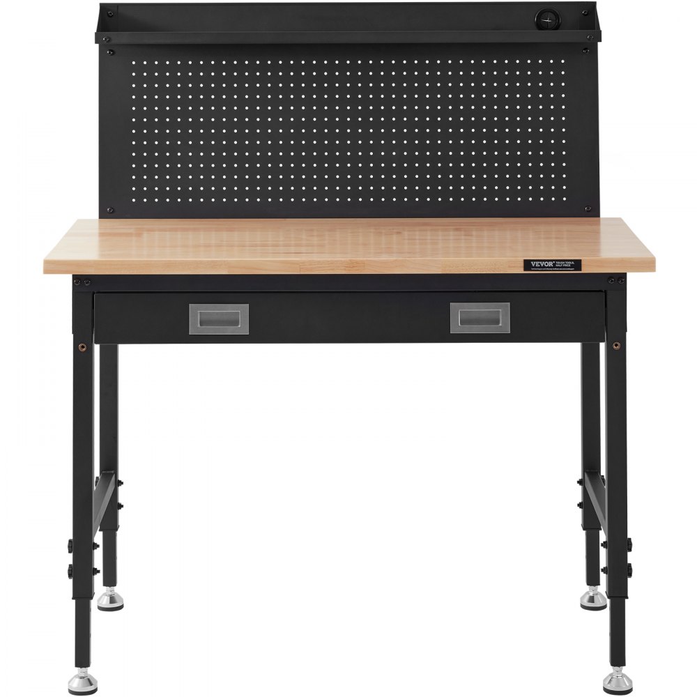 VEVOR Banco de Trabajo Altura Ajustable 71,1-100,3 cm Mesa de Trabajo de Garaje Taller de Madera Dura Carga de 907 kg Tablón de Roble y Acero al Carbono, Banco de Trabajo con Tomas de Corriente
