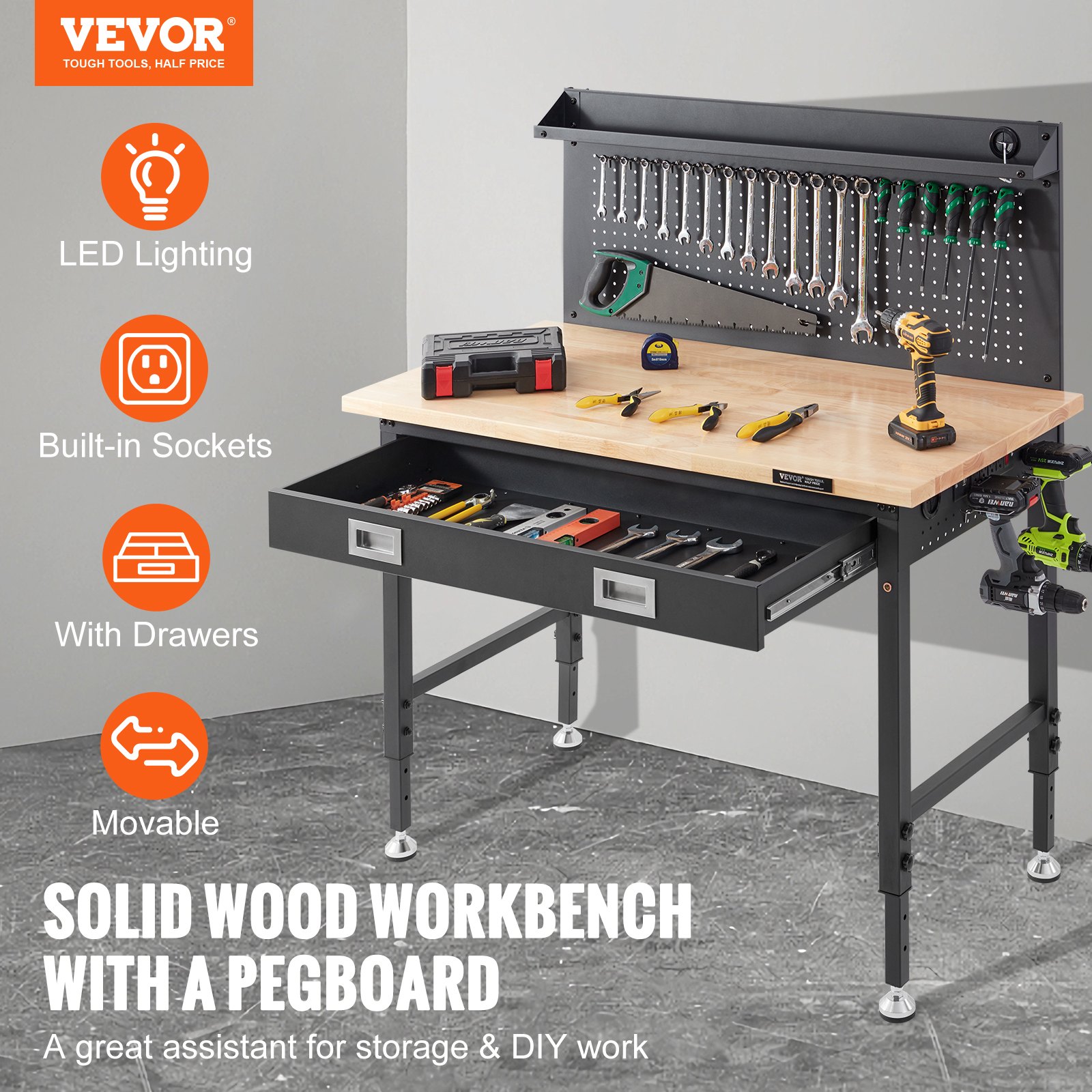 VEVOR Banco de Trabajo Altura Ajustable 71,1-100,3 cm Mesa de Trabajo de Garaje Taller de Madera Dura Carga de 907 kg Tablón de Roble y Acero al Carbono, Banco de Trabajo con Tomas de Corriente
