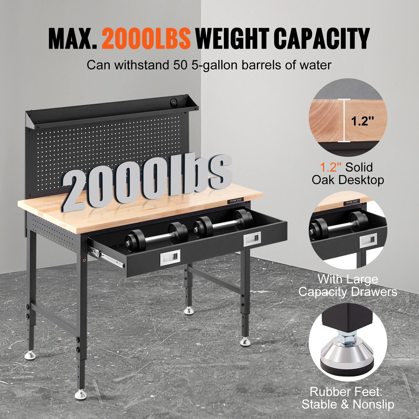 VEVOR Banco de Trabajo Altura Ajustable 71,1-100,3 cm Mesa de Trabajo de Garaje Taller de Madera Dura Carga de 907 kg Tablón de Roble y Acero al Carbono, Banco de Trabajo con Tomas de Corriente