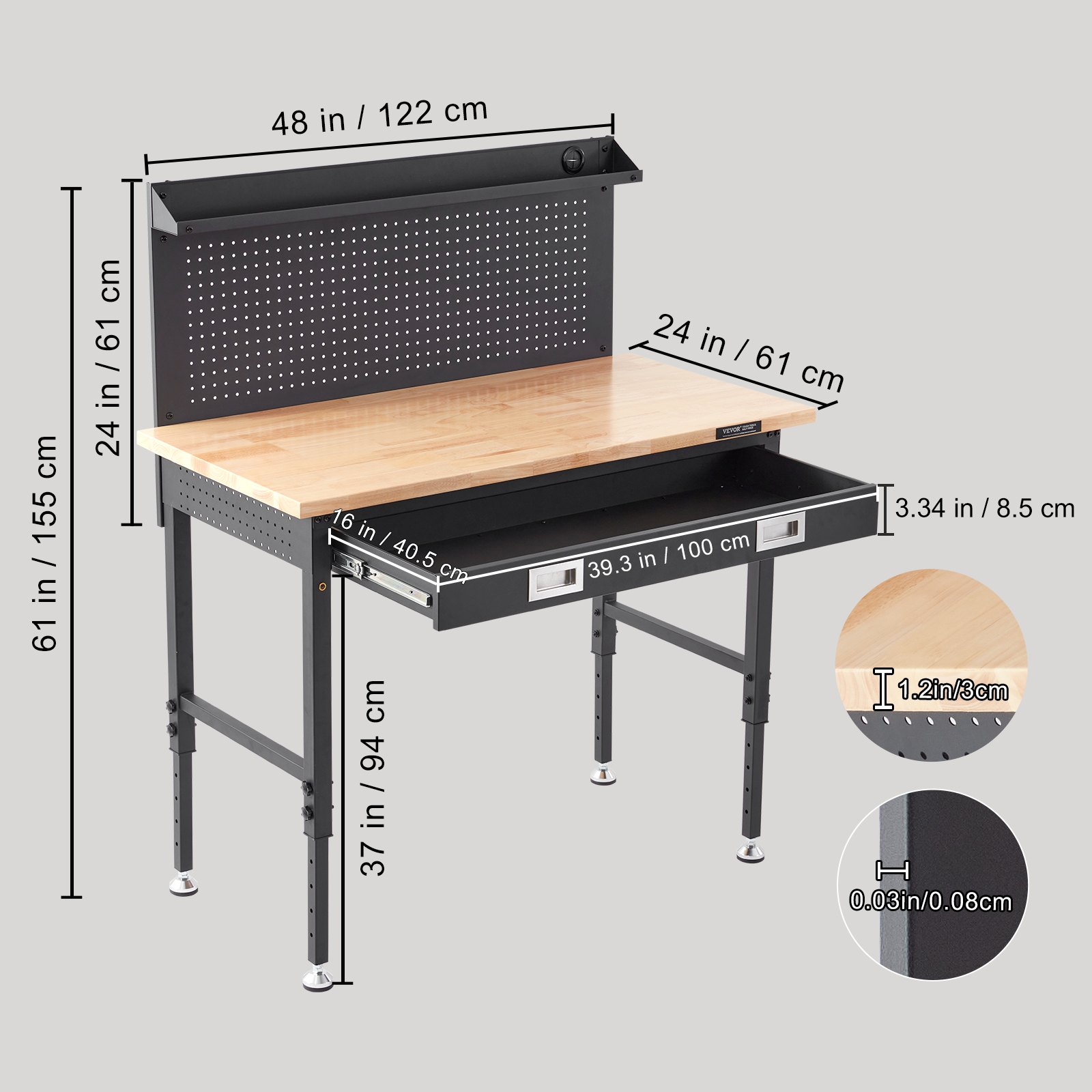 VEVOR Banco de Trabajo Altura Ajustable 71,1-100,3 cm Mesa de Trabajo de Garaje Taller de Madera Dura Carga de 907 kg Tablón de Roble y Acero al Carbono, Banco de Trabajo con Tomas de Corriente