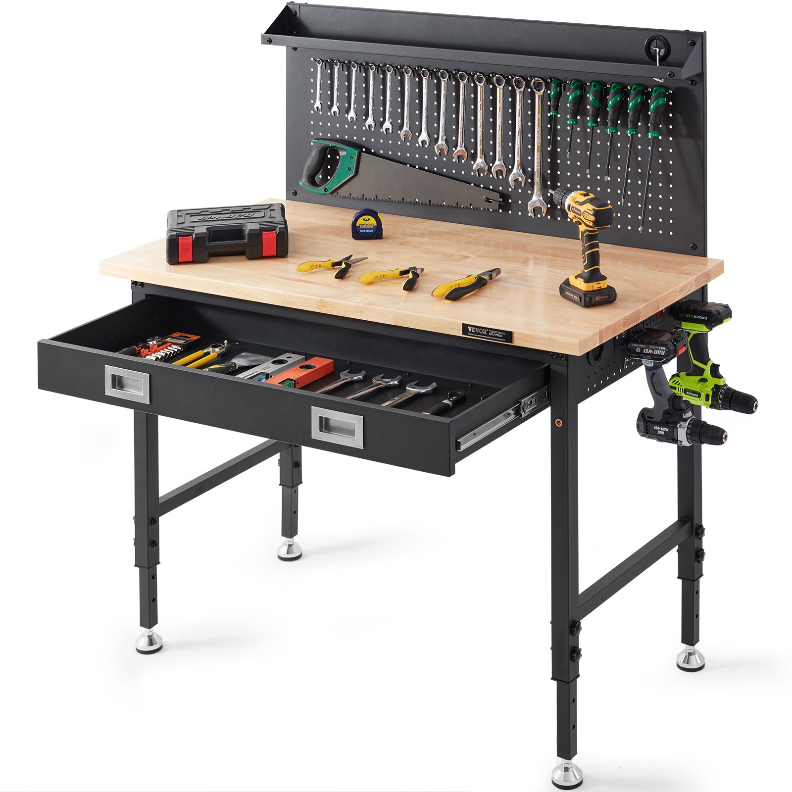 VEVOR Banco de Trabajo Altura Ajustable 71,1-100,3 cm Mesa de Trabajo de Garaje Taller de Madera Dura Carga de 907 kg Tablón de Roble y Acero al Carbono, Banco de Trabajo con Tomas de Corriente