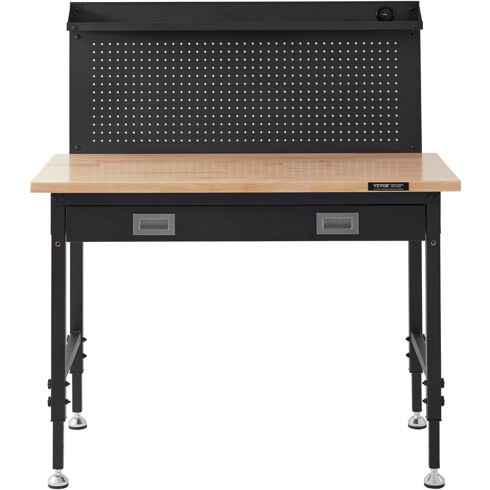 VEVOR Banco de Trabajo Altura Ajustable 71,1-100,3 cm Mesa de Trabajo de Garaje Taller de Madera Dura Carga de 907 kg Tablón de Roble y Acero al Carbono, Banco de Trabajo con Tomas de Corriente