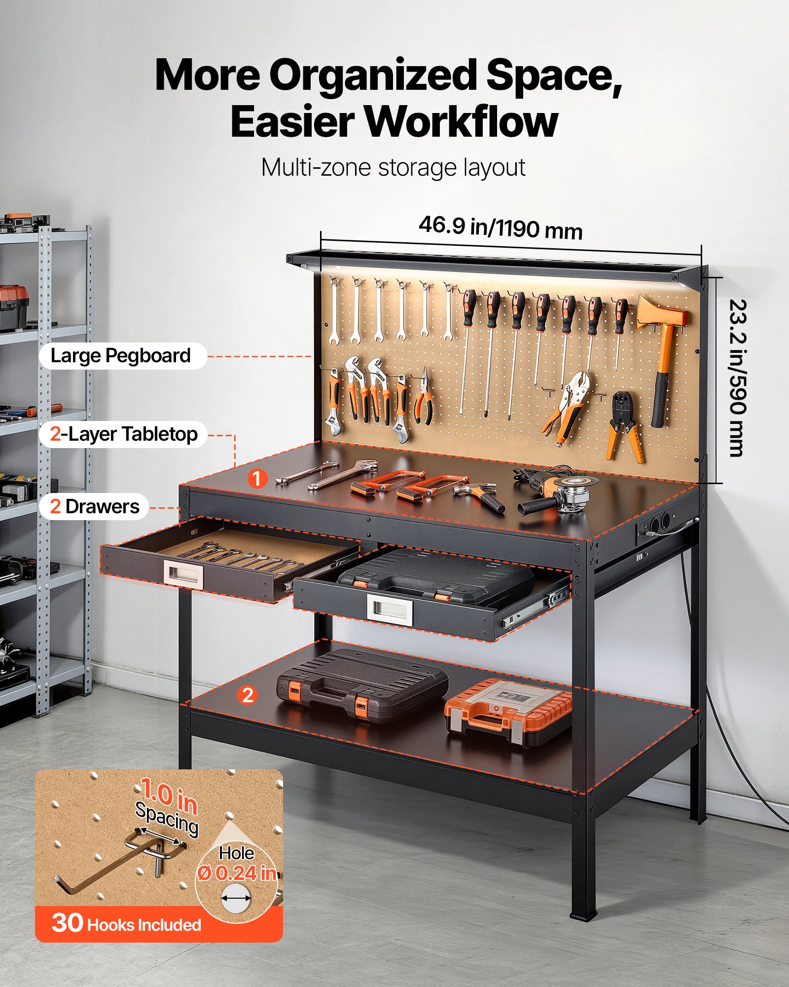 VEVOR Banco de Trabajo de Madera 1500 x 610 x 1200 mm, Capacidad 110 kg, Mesa de Trabajo con Panel Perforado, Luz LED, 4 Tomas, 2 Puertos USB, Cable de 1,5 m, 30 Ganchos y Cajón, para Taller, Garaje