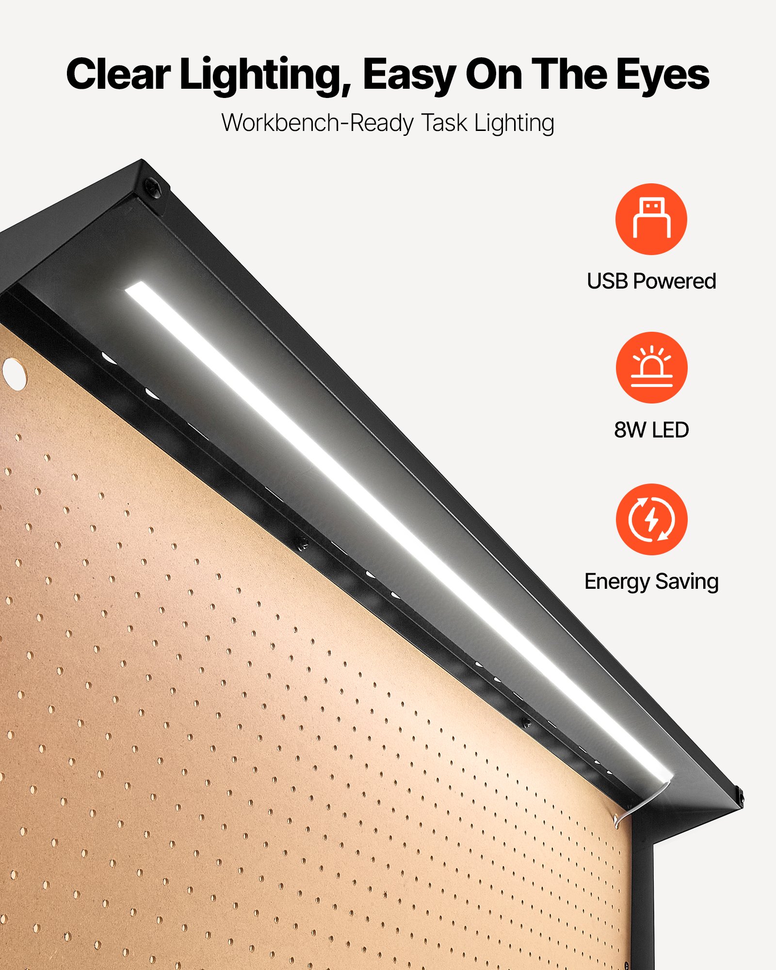 VEVOR Banco de Trabajo de Madera 1500 x 610 x 1200 mm, Capacidad 110 kg, Mesa de Trabajo con Panel Perforado, Luz LED, 4 Tomas, 2 Puertos USB, Cable de 1,5 m, 30 Ganchos y Cajón, para Taller, Garaje