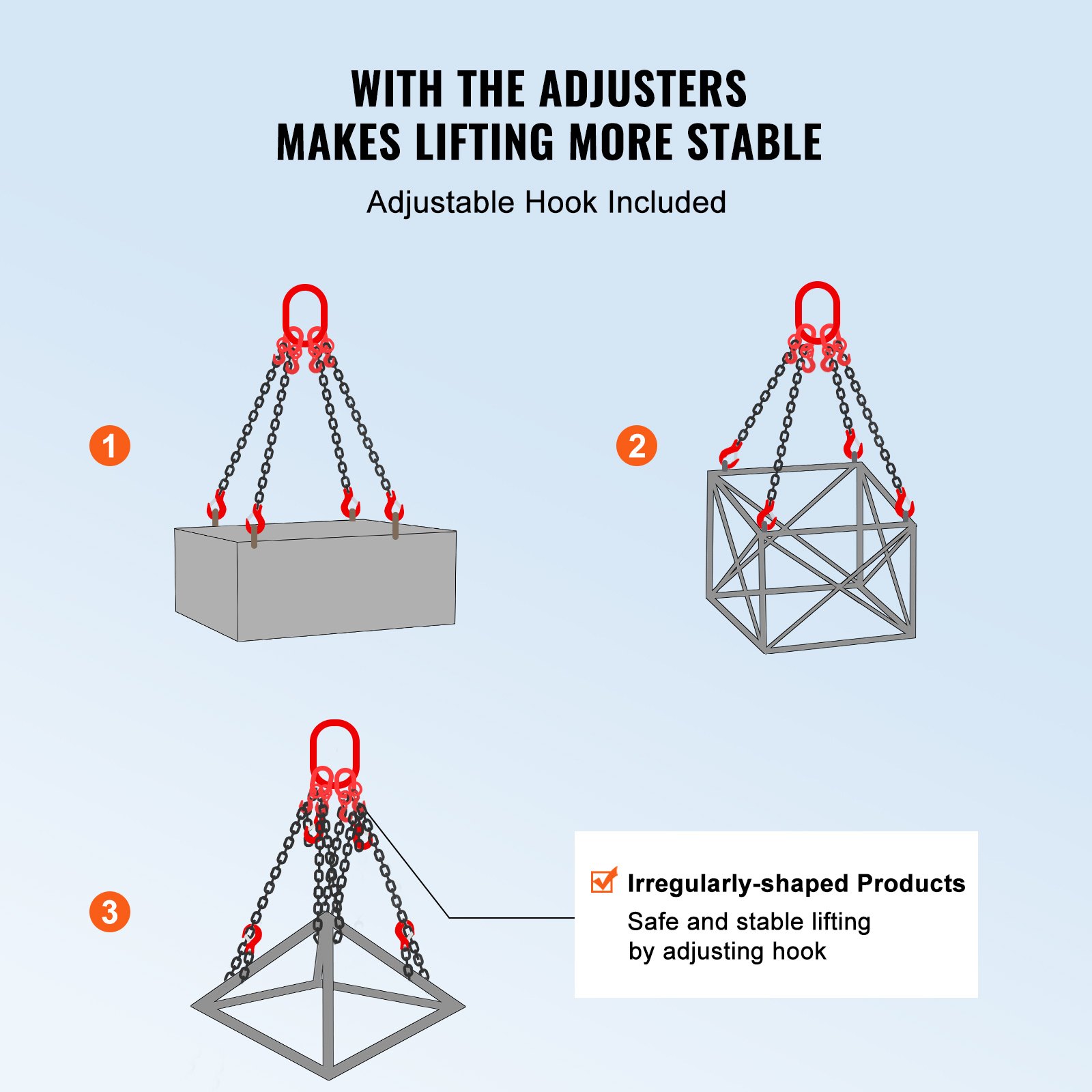 VEVOR Eslinga de Cadena de Elevación 4 Cadenas con Ganchos y Ajustadores 6mm x 150cm Carga de 2993 kg G80 para Carretilla Elevadora, Polipasto Motorizado, Muelle, Sitio de Construcción, Fábrica