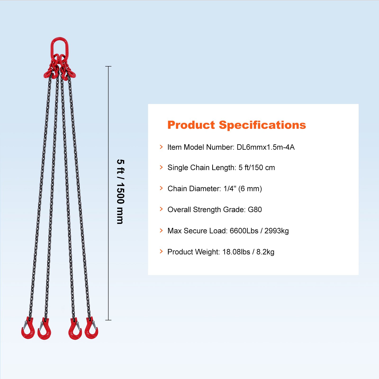 VEVOR Eslinga de Cadena de Elevación 4 Cadenas con Ganchos y Ajustadores 6mm x 150cm Carga de 2993 kg G80 para Carretilla Elevadora, Polipasto Motorizado, Muelle, Sitio de Construcción, Fábrica
