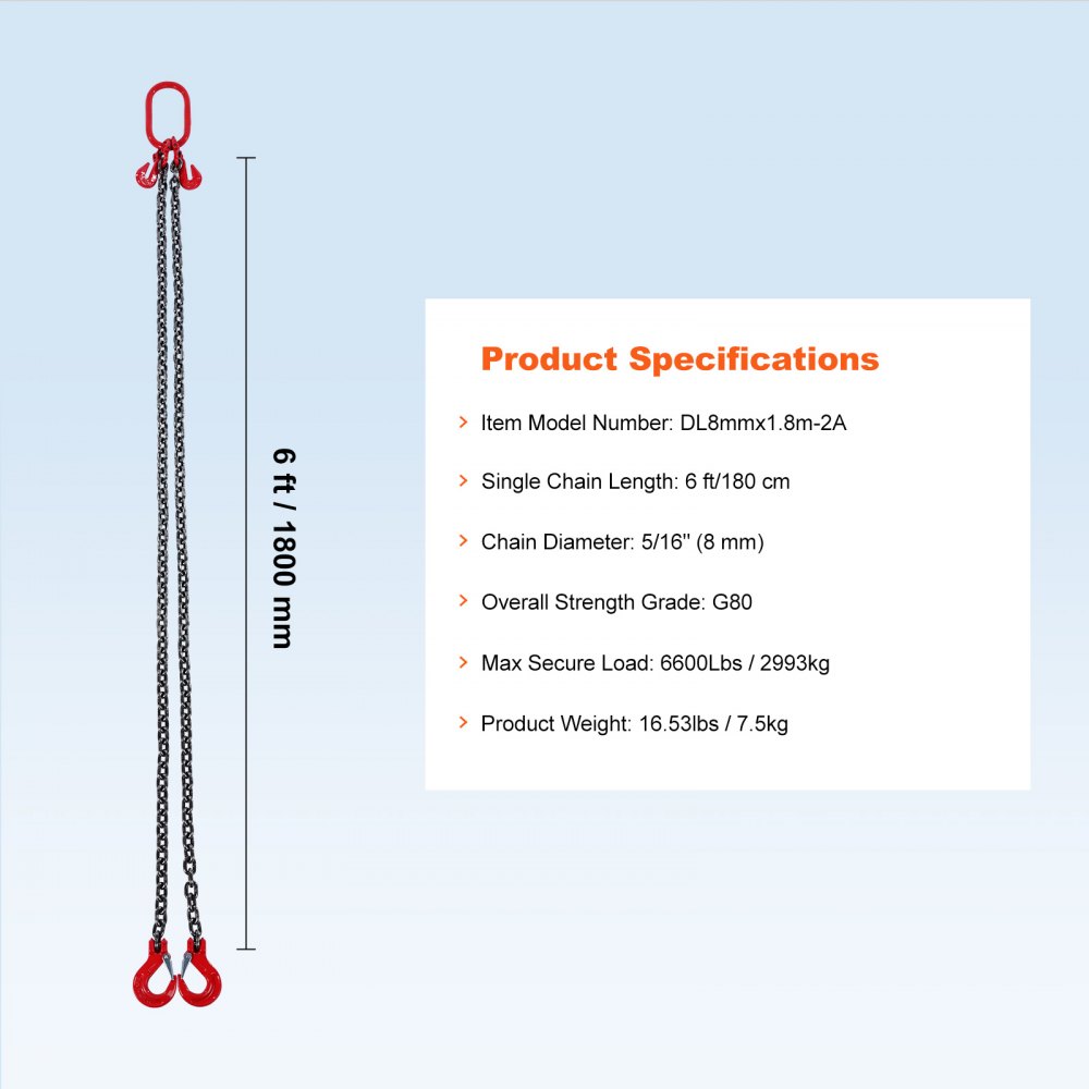 VEVOR Eslinga de Cadena de Elevación 2 Cadenas con Ganchos y Ajustadores 8mm x 180cm Carga de 2993 kg G80 para Carretilla Elevadora, Polipasto Motorizado, Muelle, Sitio de Construcción, Fábrica