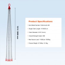 VEVOR Eslinga de Cadena de 4 Cadenas G80 8mm x 300cm con Ganchos Carga 5000 kg