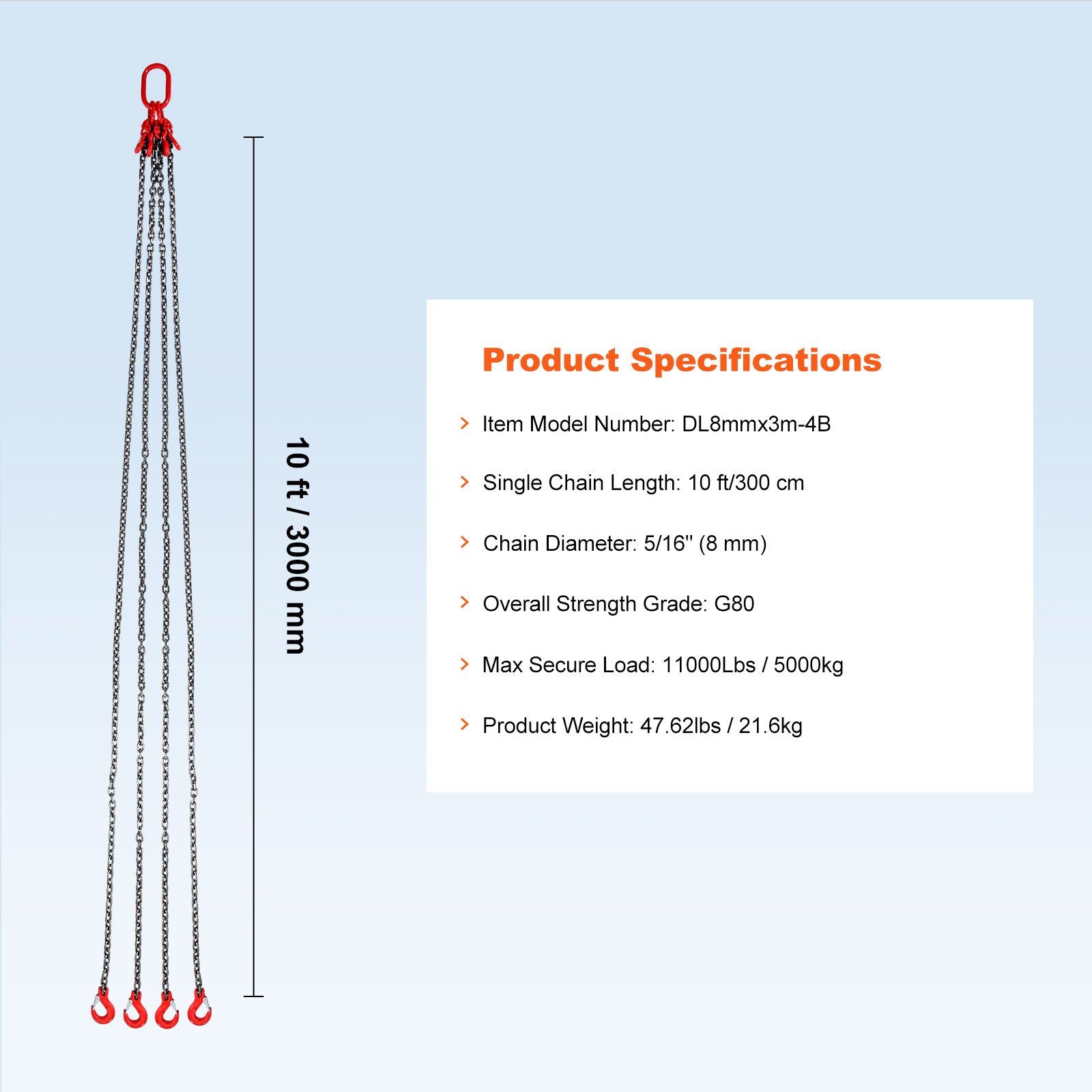VEVOR Eslinga de Cadena de Elevación 4 Cadenas con Ganchos y Ajustadores 8mm x 300cm Carga de 5000 kg G80 para Carretilla Elevadora, Polipasto Motorizado, Muelle, Sitio de Construcción, Fábrica