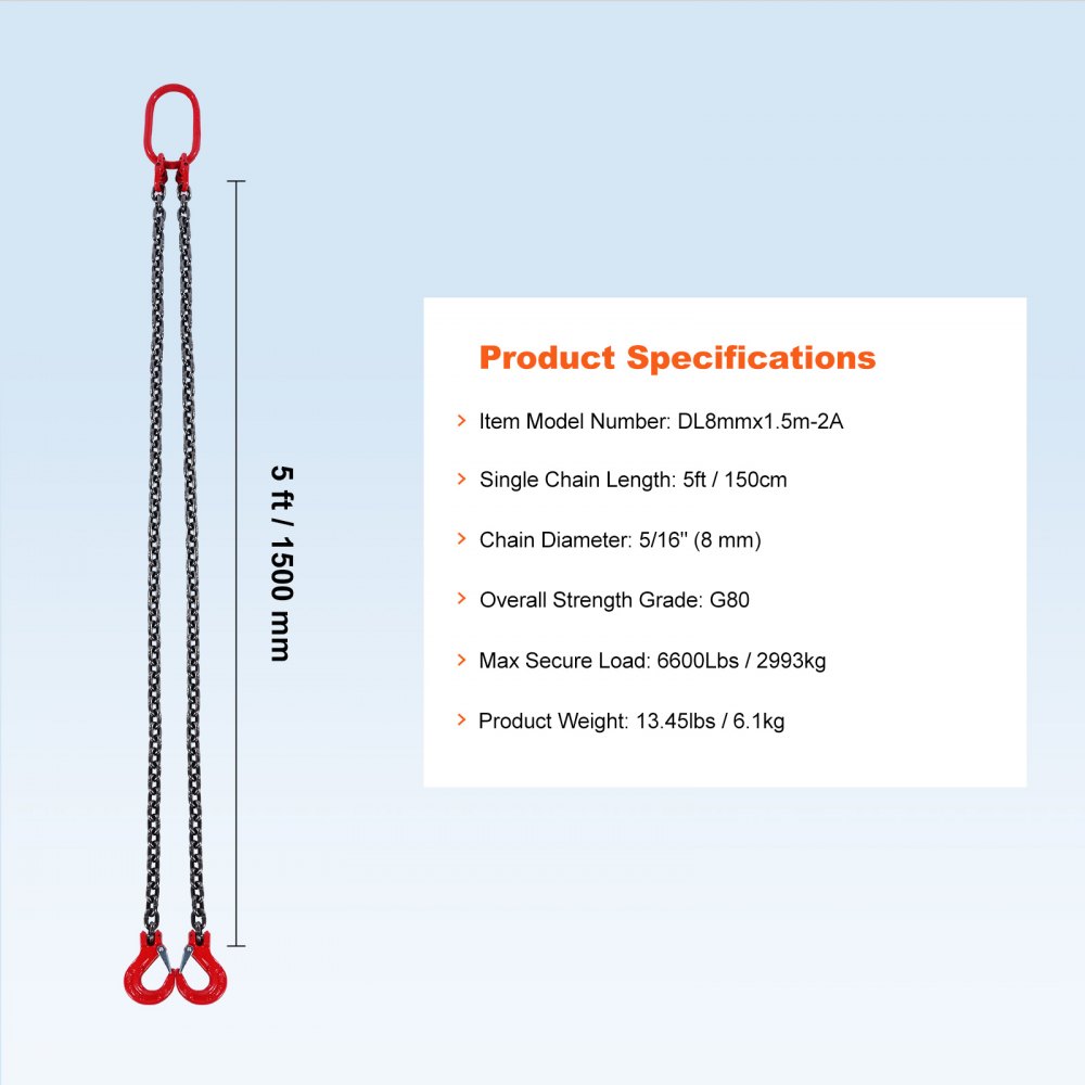 VEVOR chain sling, 5/16 inch x 5 foot lifting chains with hooks, G80 engine chain hoists, 6600 lbs/3 ton lifting capacity lifting sling chains for engine hoists, engine lifting chain with 2 leg grab hooks