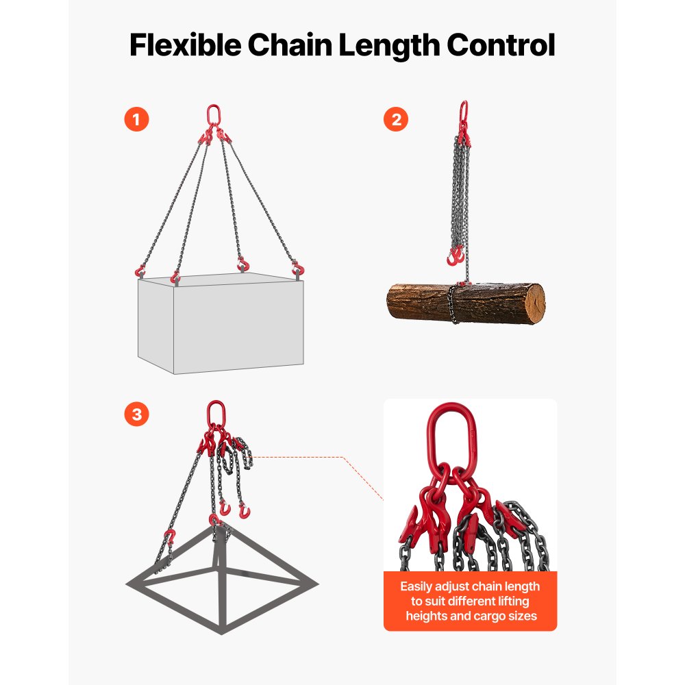 VEVOR Eslinga de Cadena de 10 mm x 3 m, con 4 Ganchos, Cadena de Grúa de 4 Ramales de Aleación de Acero G80, Carga de Trabajo 10,4 T, para Remolcar Carga y Elevación Pesada, 3450 x 410 x 50 mm