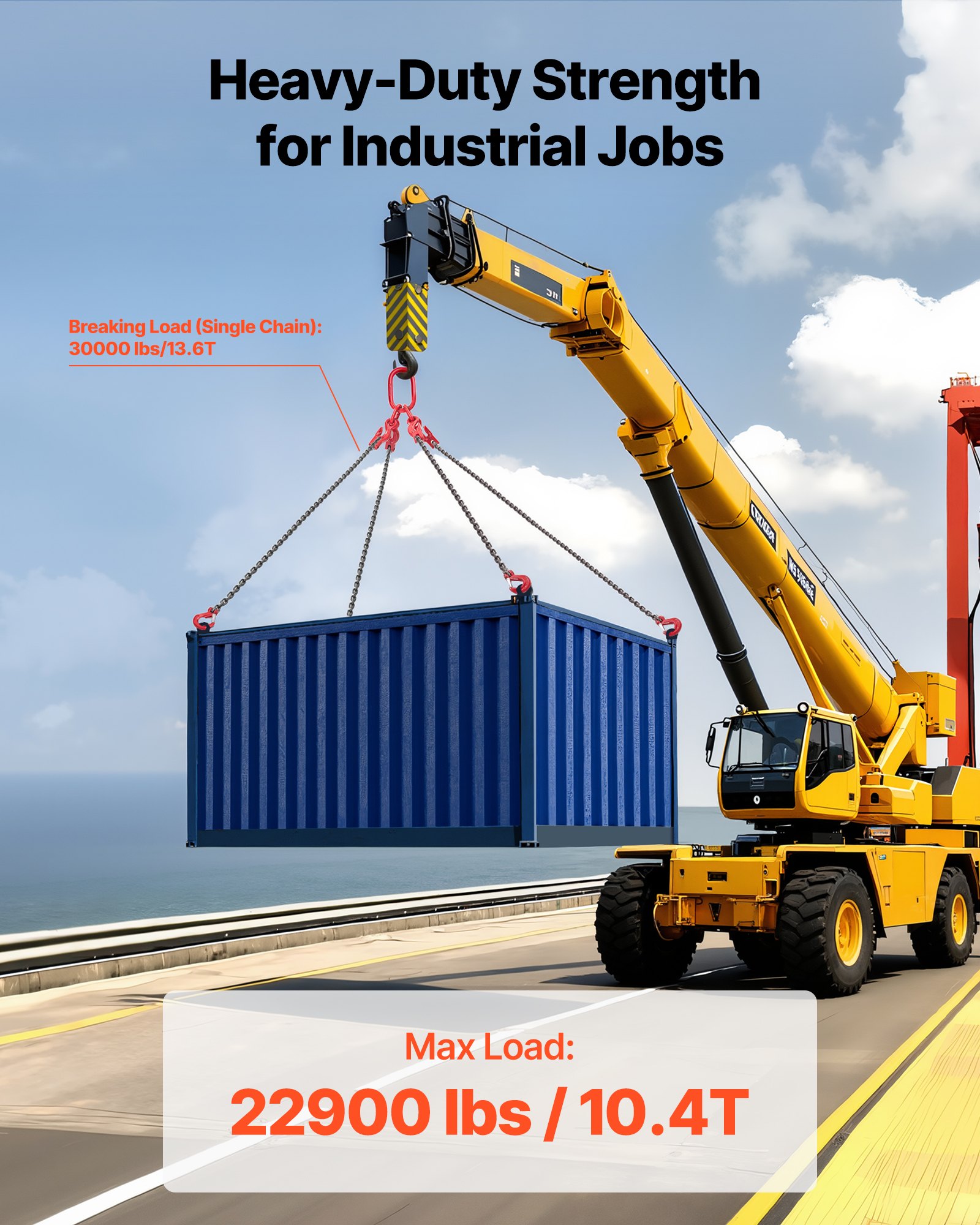 VEVOR Eslinga de Cadena de 10 mm x 3 m, con 4 Ganchos, Cadena de Grúa de 4 Ramales de Aleación de Acero G80, Carga de Trabajo 10,4 T, para Remolcar Carga y Elevación Pesada, 3450 x 410 x 50 mm