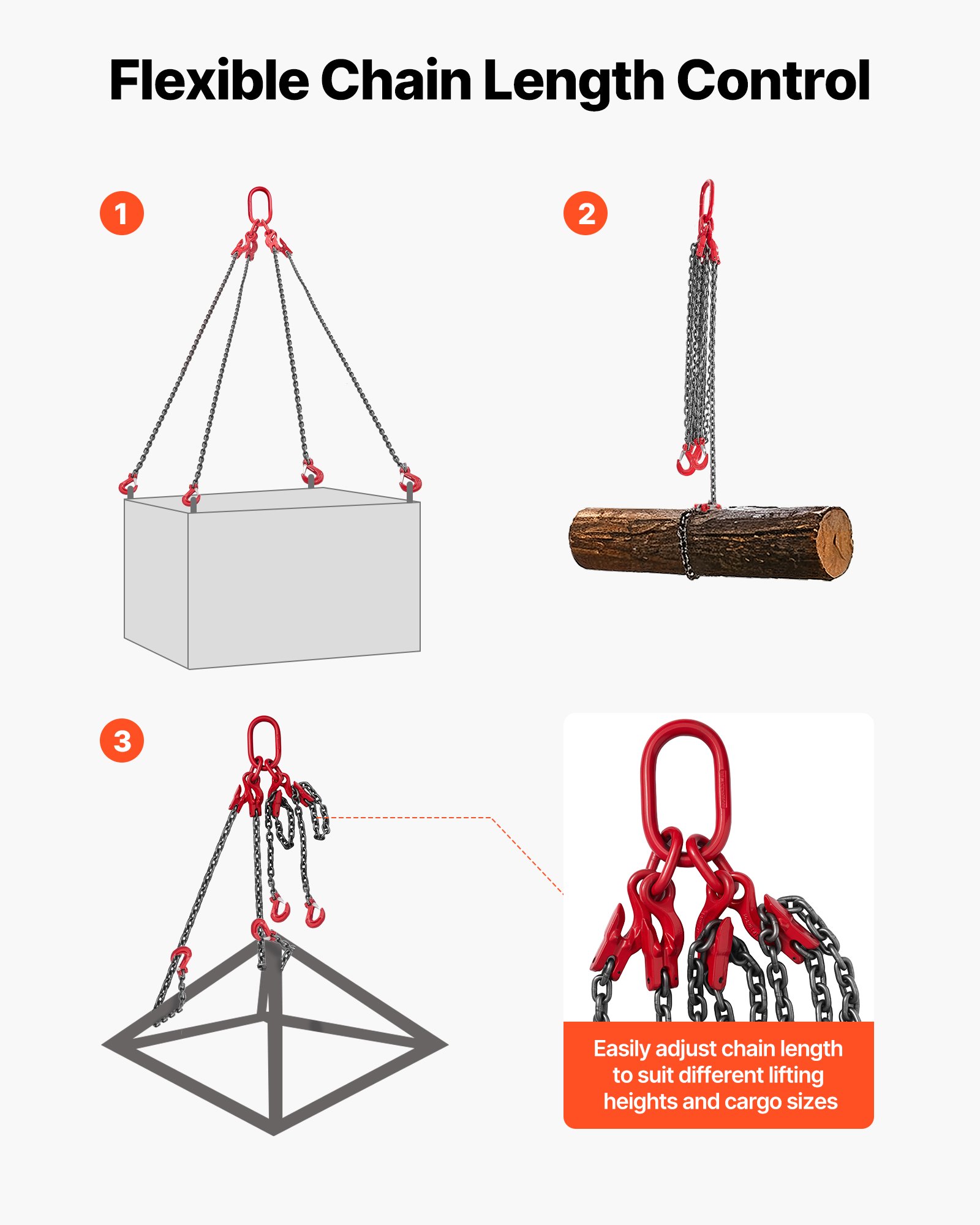 VEVOR Eslinga de Cadena de 10 mm x 3 m, con 4 Ganchos, Cadena de Grúa de 4 Ramales de Aleación de Acero G80, Carga de Trabajo 10,4 T, para Remolcar Carga y Elevación Pesada, 3450 x 410 x 50 mm