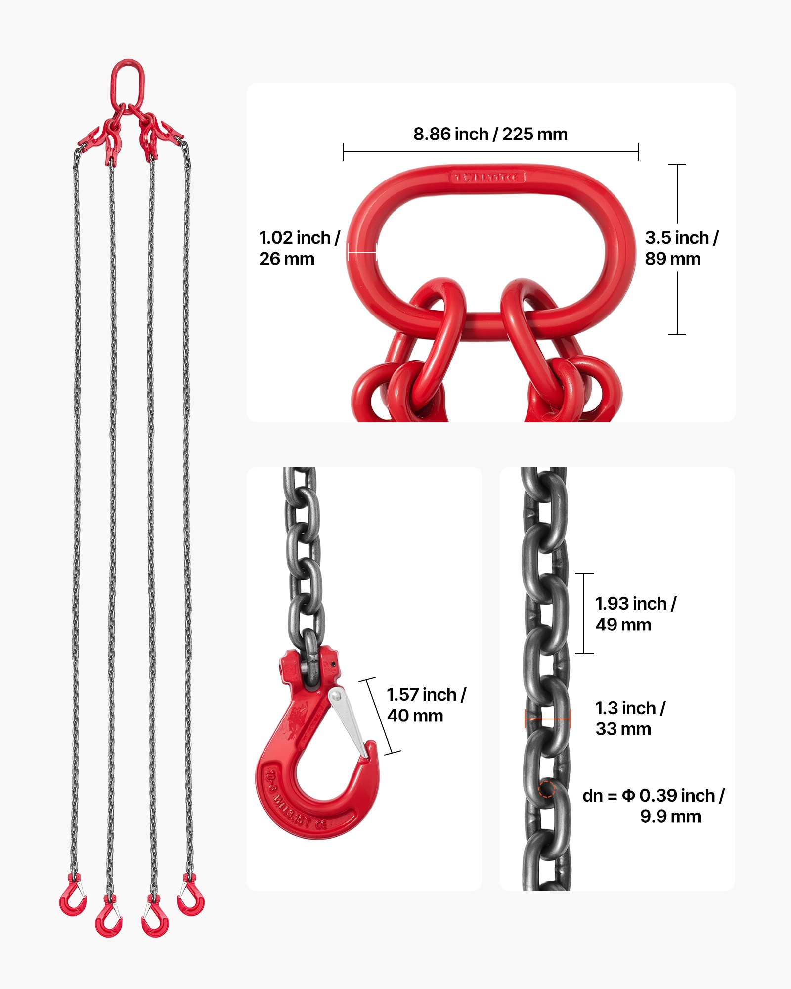 VEVOR Eslinga de Cadena de 10 mm x 3 m, con 4 Ganchos, Cadena de Grúa de 4 Ramales de Aleación de Acero G80, Carga de Trabajo 10,4 T, para Remolcar Carga y Elevación Pesada, 3450 x 410 x 50 mm