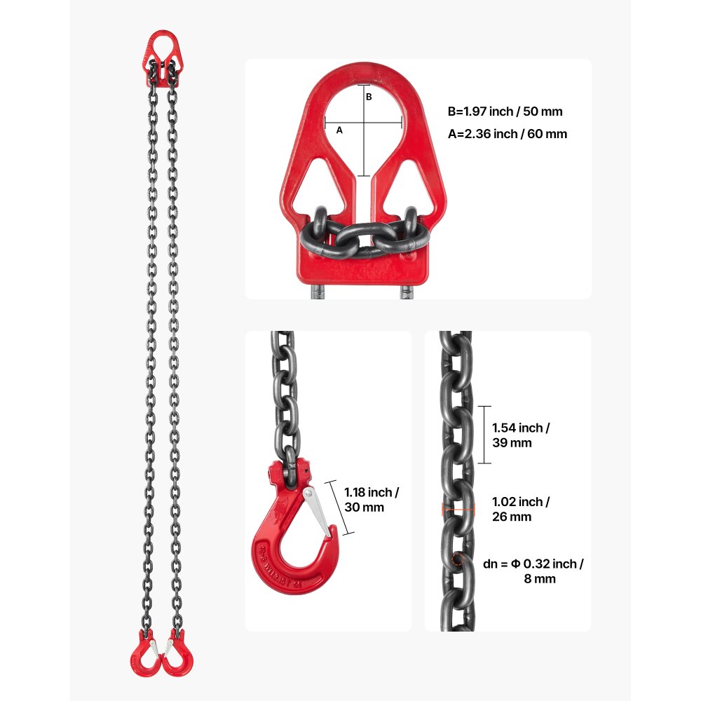 VEVOR Eslinga de Cadena de 8 mm x 3 m, con 2 Ganchos, Eslinga de Elevación de Aleación de Acero G80, Carga de 3,17 T, Polipasto de Cadena con Motor Ajustable para Remolcar Carga, Negro y Rojo