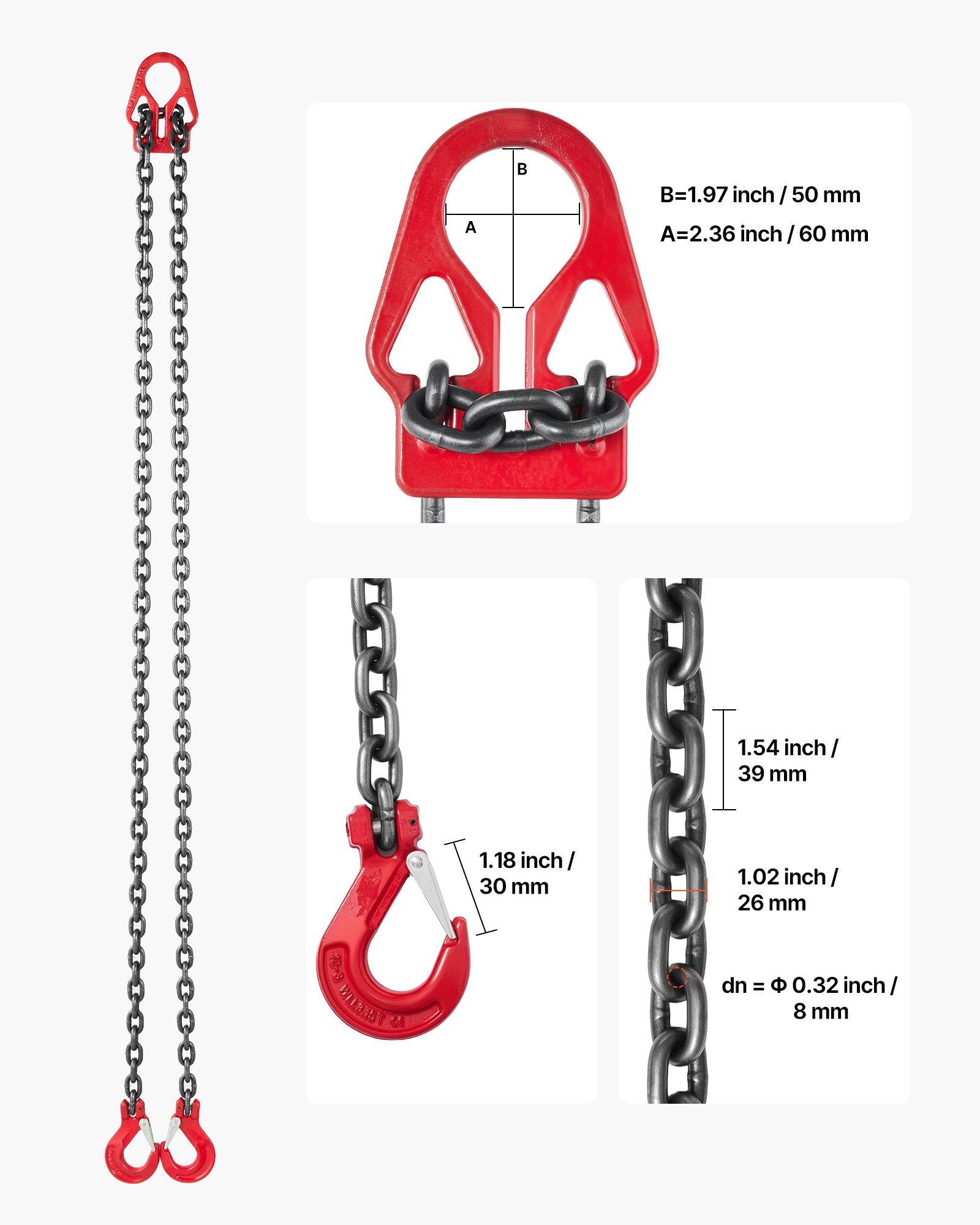 VEVOR Eslinga de Cadena de 8 mm x 3 m, con 2 Ganchos, Eslinga de Elevación de Aleación de Acero G80, Carga de 3,17 T, Polipasto de Cadena con Motor Ajustable para Remolcar Carga, Negro y Rojo