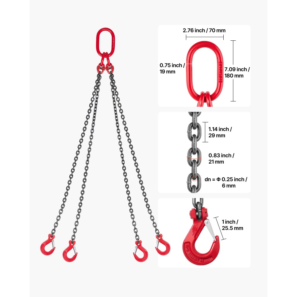 VEVOR Polipasto de Cadena, Eslinga de Cadena de 4 Ganchos de 6,3 mm x 1,5 m, Aleación de Acero G80 de Alta Resistencia, Capacidad de 2993 kg, para Asegurar y Remolcar Cargas, 1780 x 295 x 50 mm