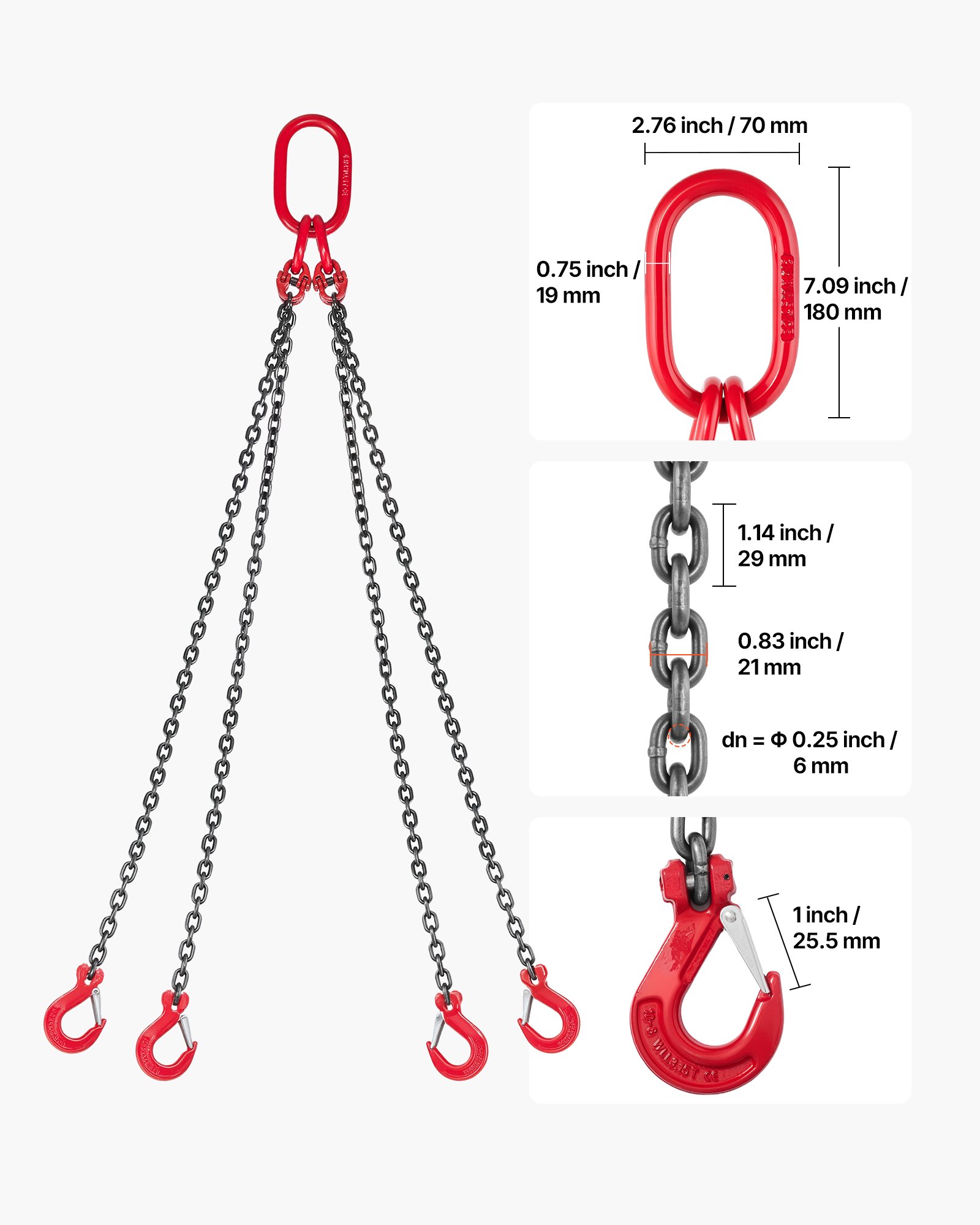 VEVOR Polipasto de Cadena, Eslinga de Cadena de 4 Ganchos de 6,3 mm x 1,5 m, Aleación de Acero G80 de Alta Resistencia, Capacidad de 2993 kg, para Asegurar y Remolcar Cargas, 1780 x 295 x 50 mm