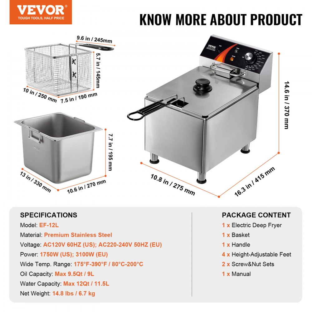 VEVOR Commercial Deep Fryer, 3100W Electric Add-on Fryer with Basket and Height-Adjustable Feet, 9L Stainless Steel Single-Oil Fryer with Temperature Control and Overheat Protection, for Restaurants, Cafes, and Bars