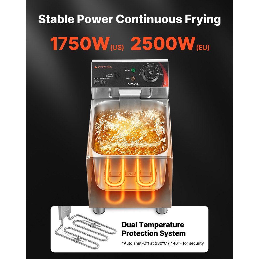 VEVOR Freidora Eléctrica Comercial 1 Tanque 7,5 L 2500 W, Freidora de Aceite de Acero Inoxidable con Cesta para Freír Tapas, Temperatura Ajustable 60-200 °C para Aros de Cebolla, Pollo, Papas Fritas