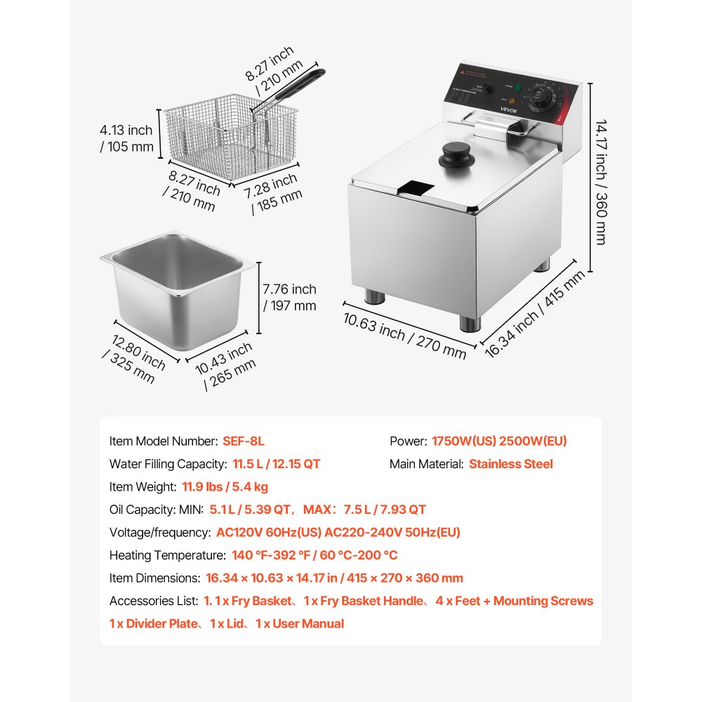 VEVOR Freidora Eléctrica Comercial 1 Tanque 7,5 L 2500 W, Freidora de Aceite de Acero Inoxidable con Cesta para Freír Tapas, Temperatura Ajustable 60-200 °C para Aros de Cebolla, Pollo, Papas Fritas